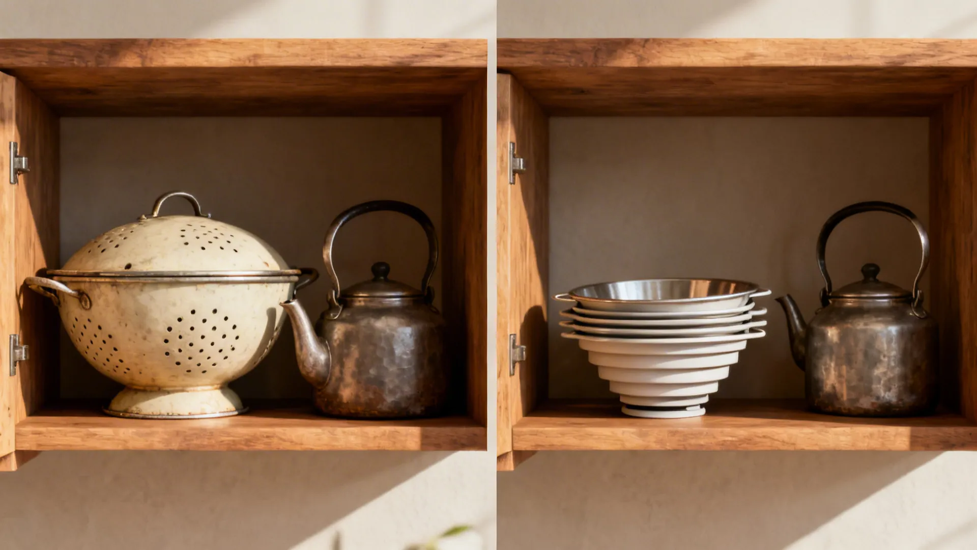 Before and after comparison of a large metal strainer versus a space saving flat bowl