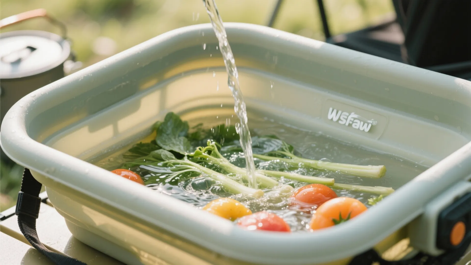 Water pouring into a green collapsible plastic sink washing fresh green vegetables and red tomatoes