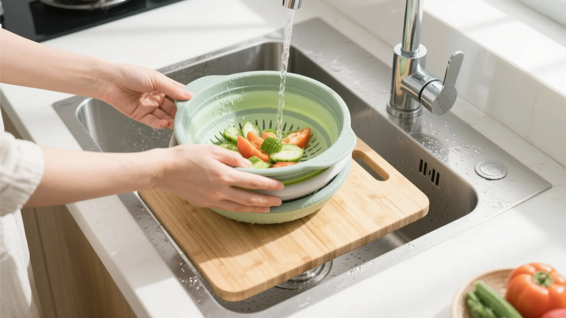 2. Collapsible sink colander + cutting board combo
