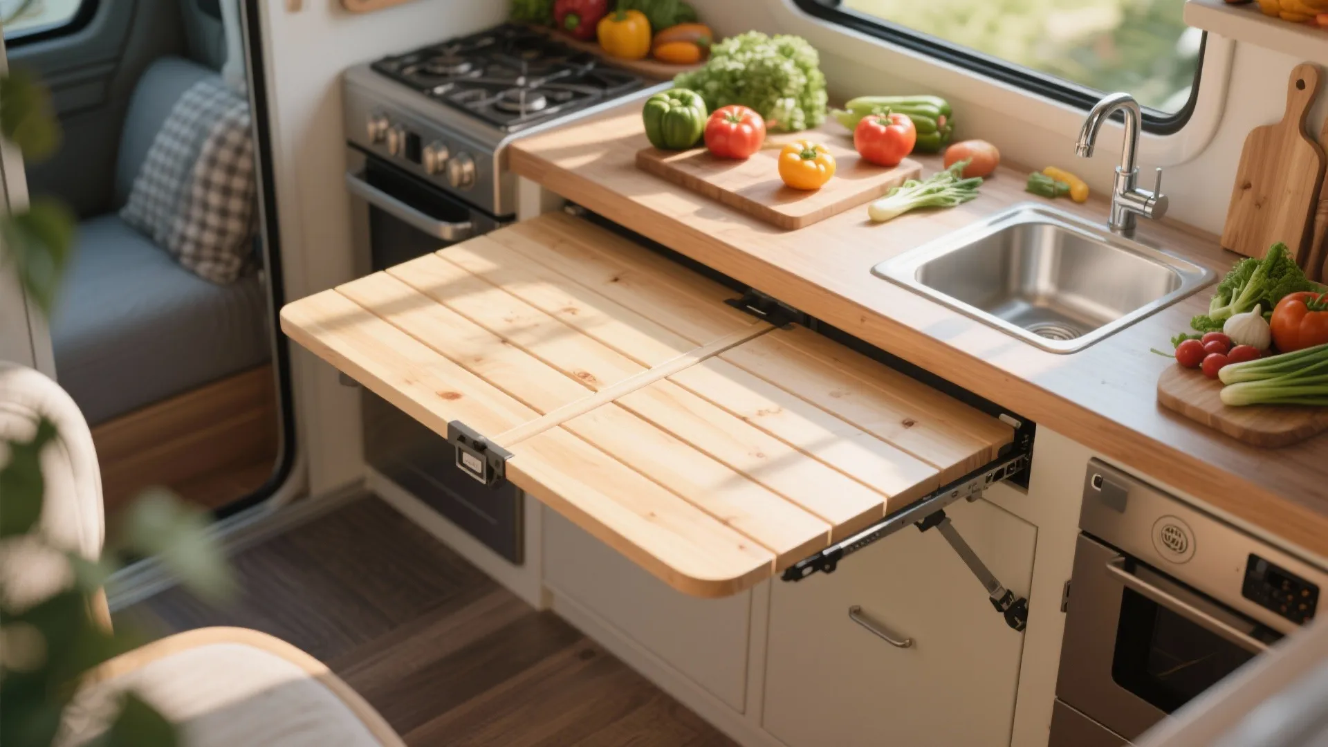 Folding counter extension in camper kitchen top view