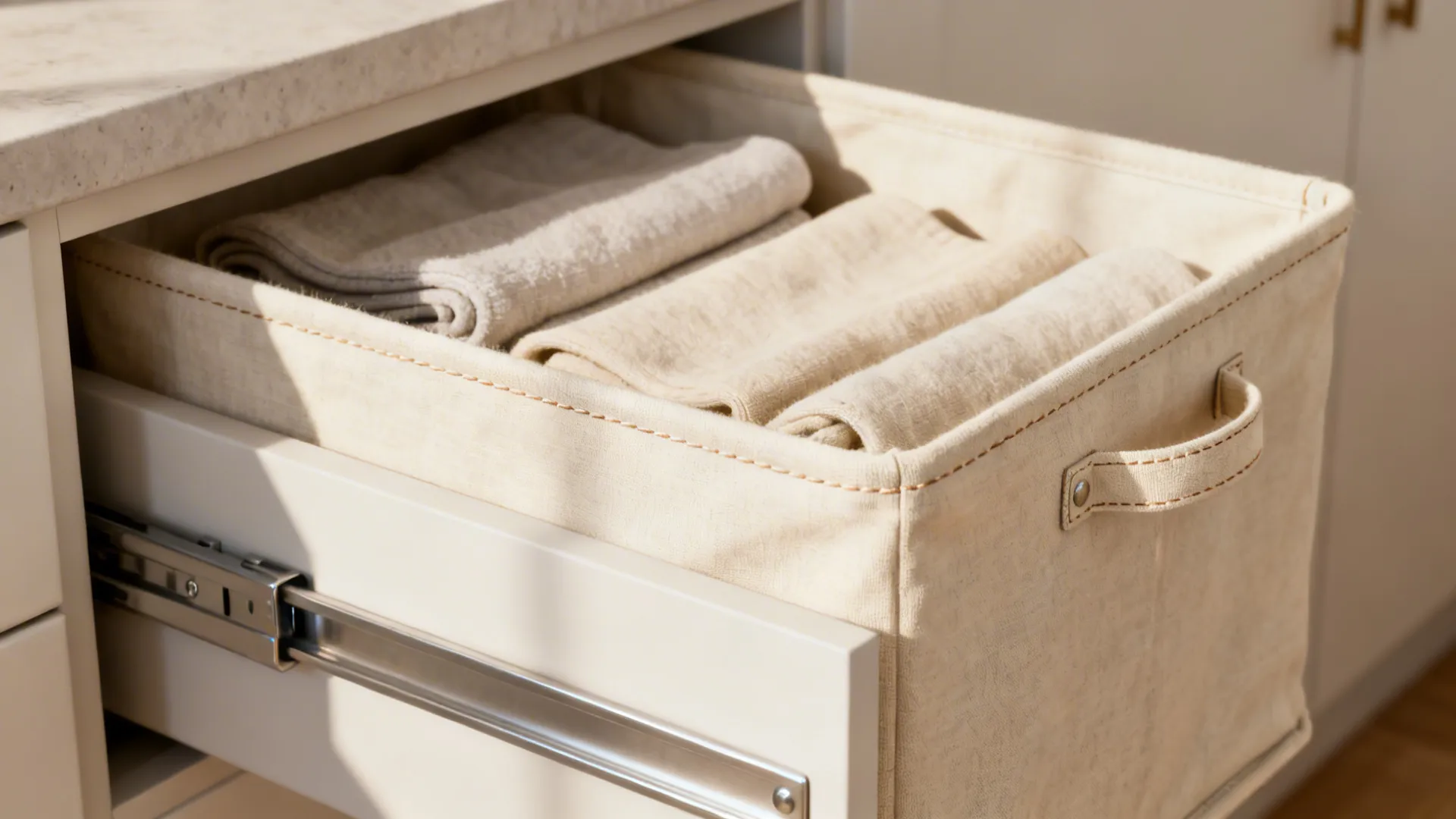 Close-up of a shallow drawer with collapsible fabric laundry baskets neatly stored.