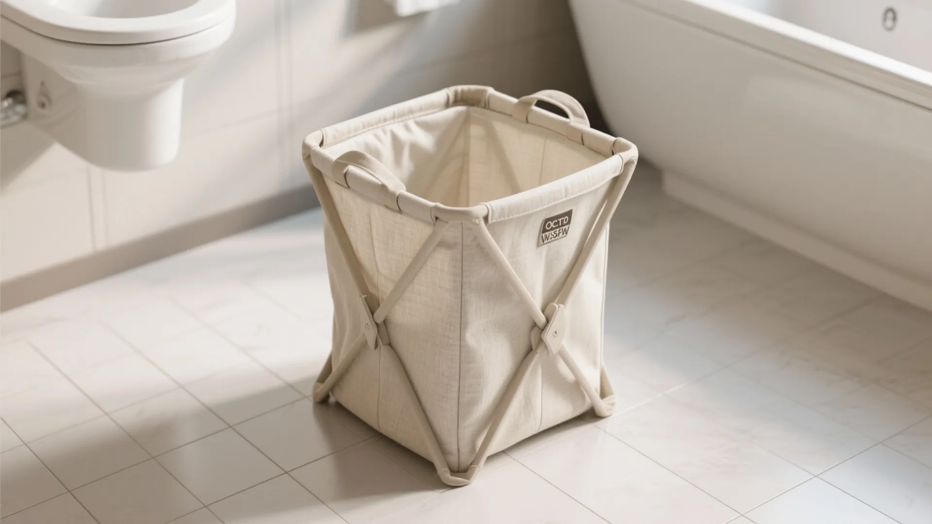 Beige collapsible fabric laundry basket with a metal frame sitting on white tiled bathroom floor