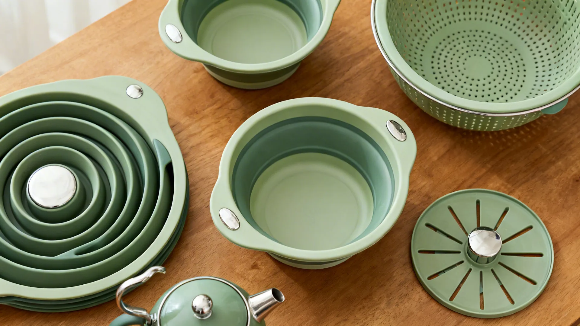 Green collapsible silicone kitchen bowls and a strainer sitting on a brown wooden table surface