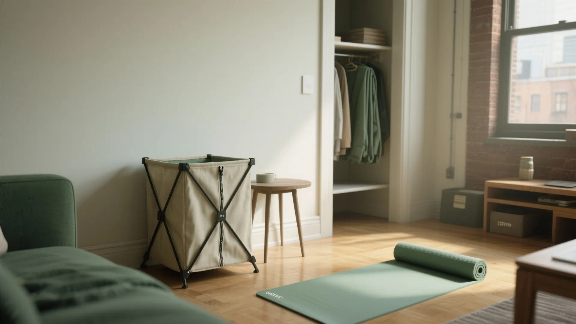 Brooklyn studio showing a collapsible fabric hamper folded away and another in use beside a yoga mat.