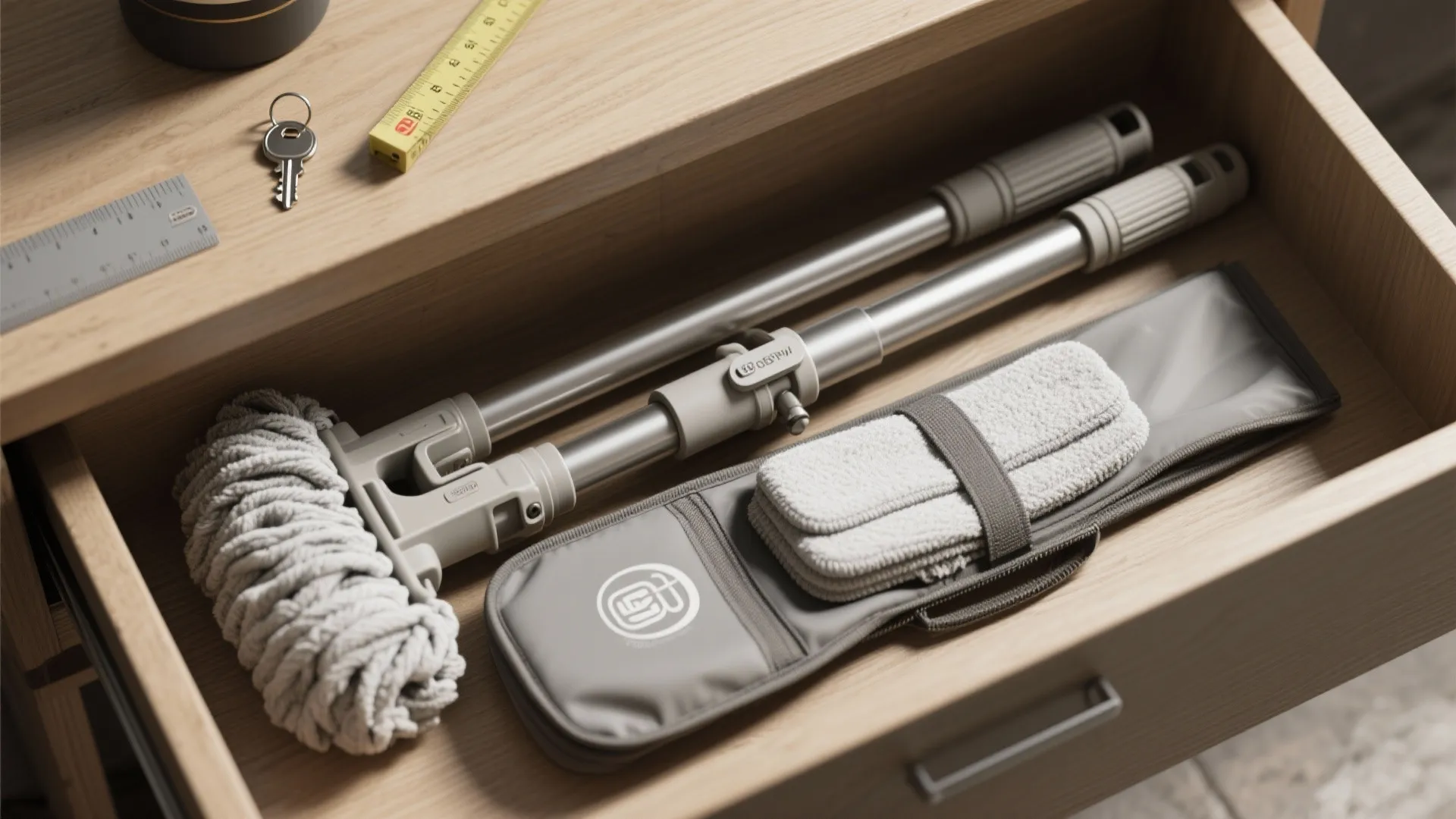 Top-down flatlay of a collapsed telescoping mop and spare pads inside a shallow drawer.