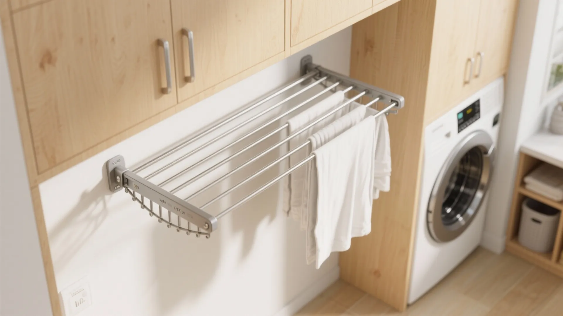Laundry room interior design drawing showing wall mounted drying rack with white towels and cabinets