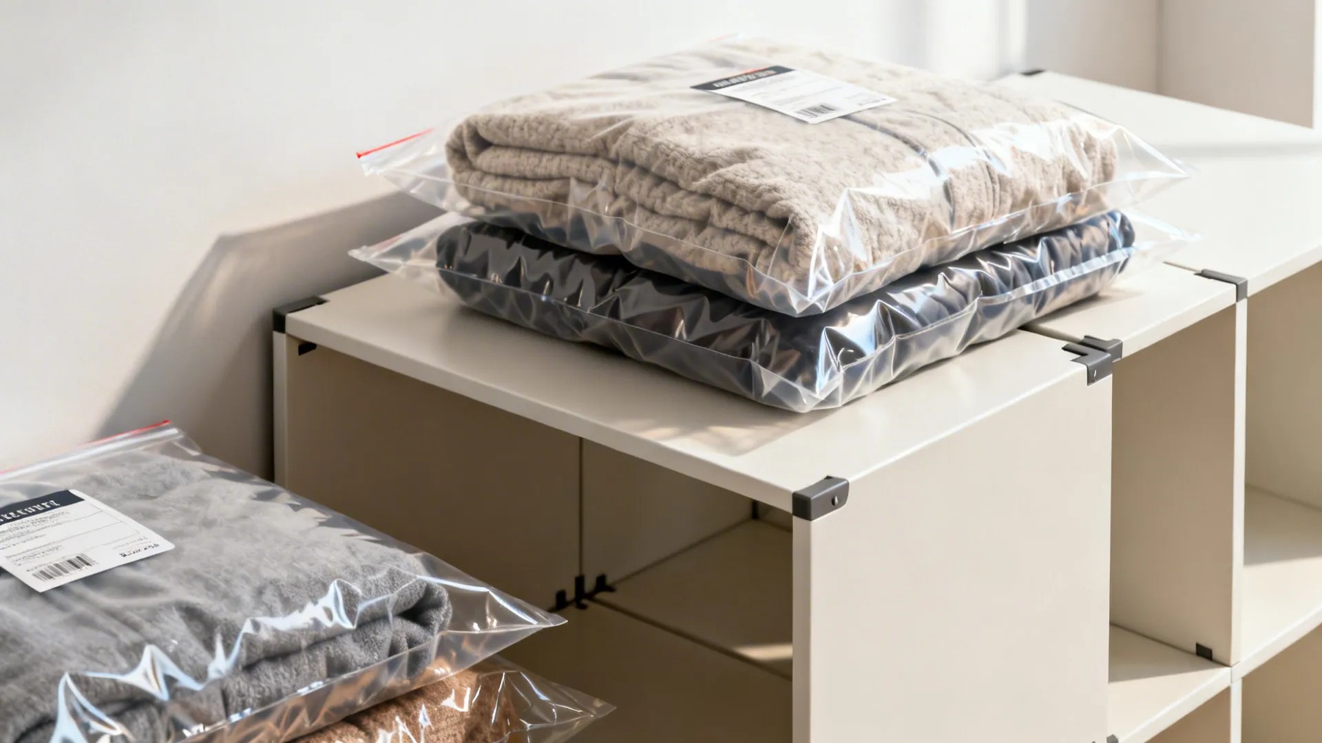 Collapsible cube shelving with vacuum-sealed bags of seasonal fabrics
