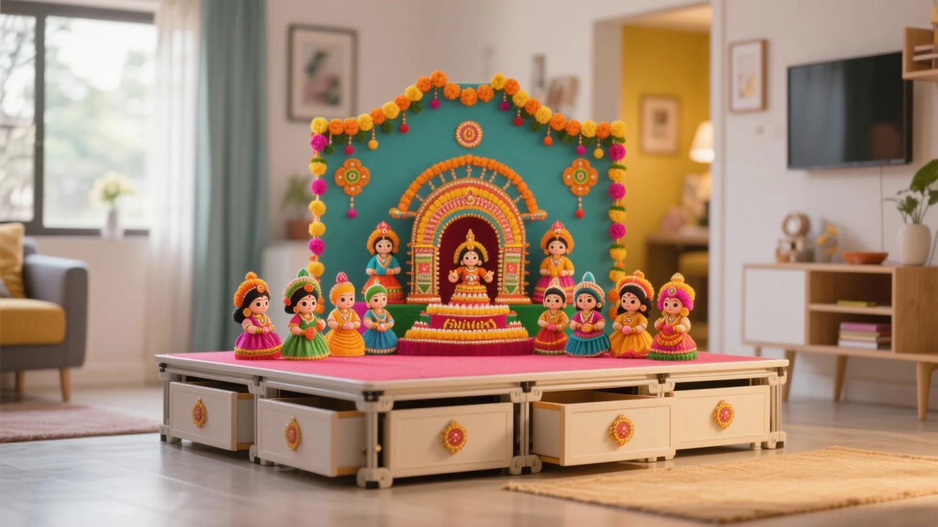 White platform with storage drawers holding colorful dolls against teal backdrop in modern bright room