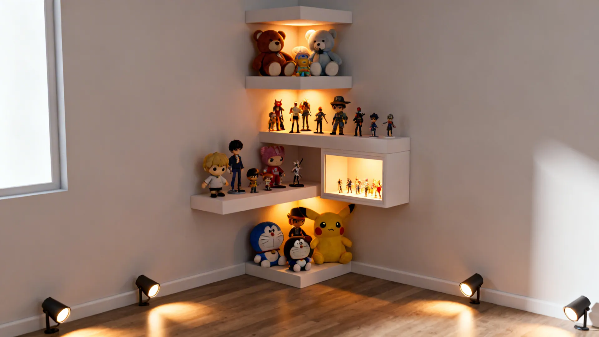 Floating corner shelves in a dorm showcasing plushies and figures lit by small spot LEDs.