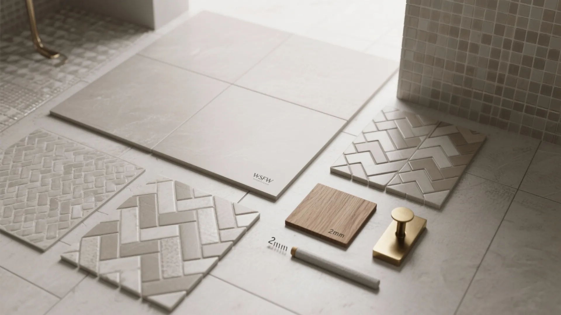 Interior design material board with floor tiles wood samples gold handle and small mosaic pieces
