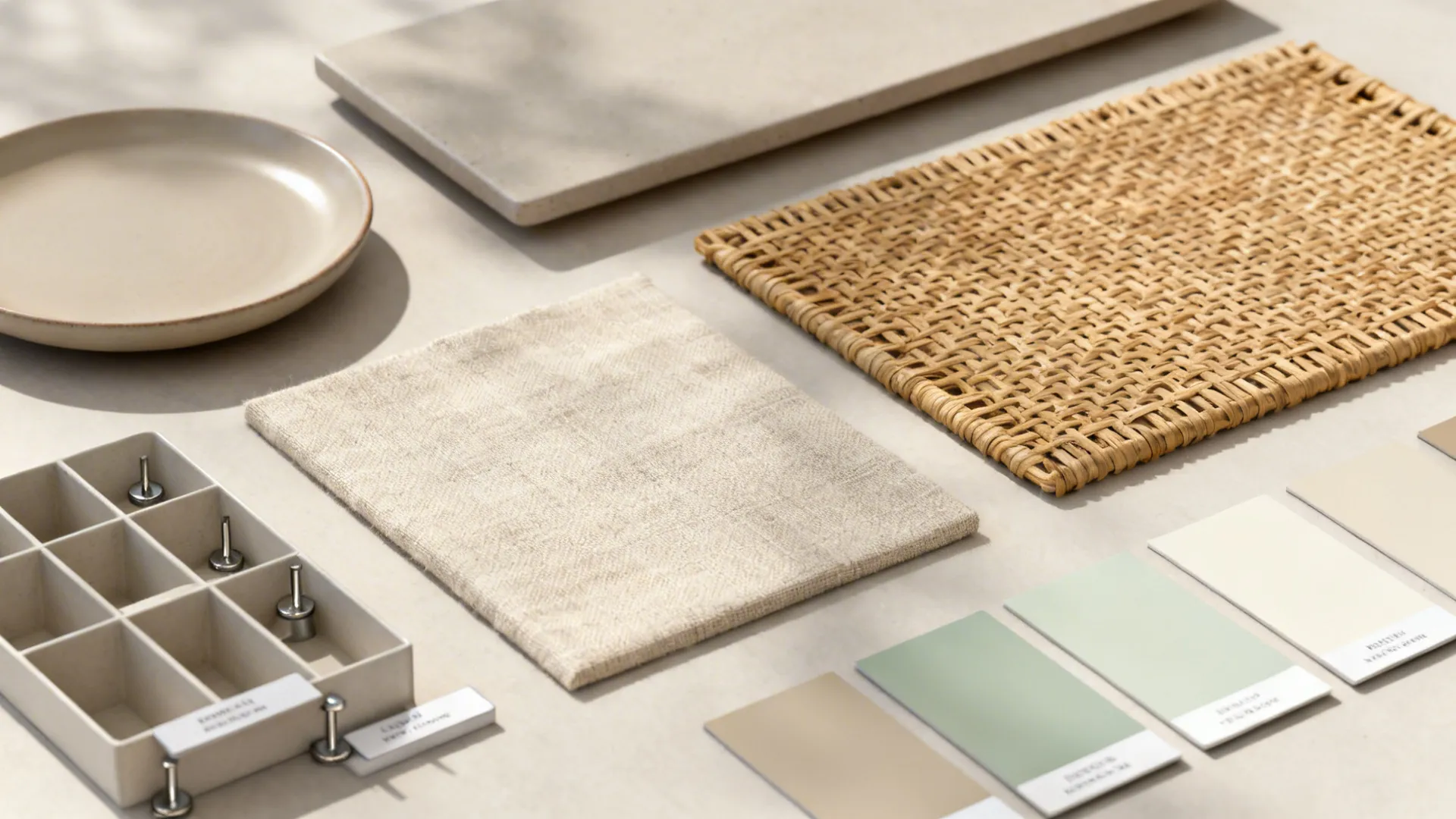 Flatlay of matte ceramics, rattan, linen, and neutral-sage palette for curated displays.