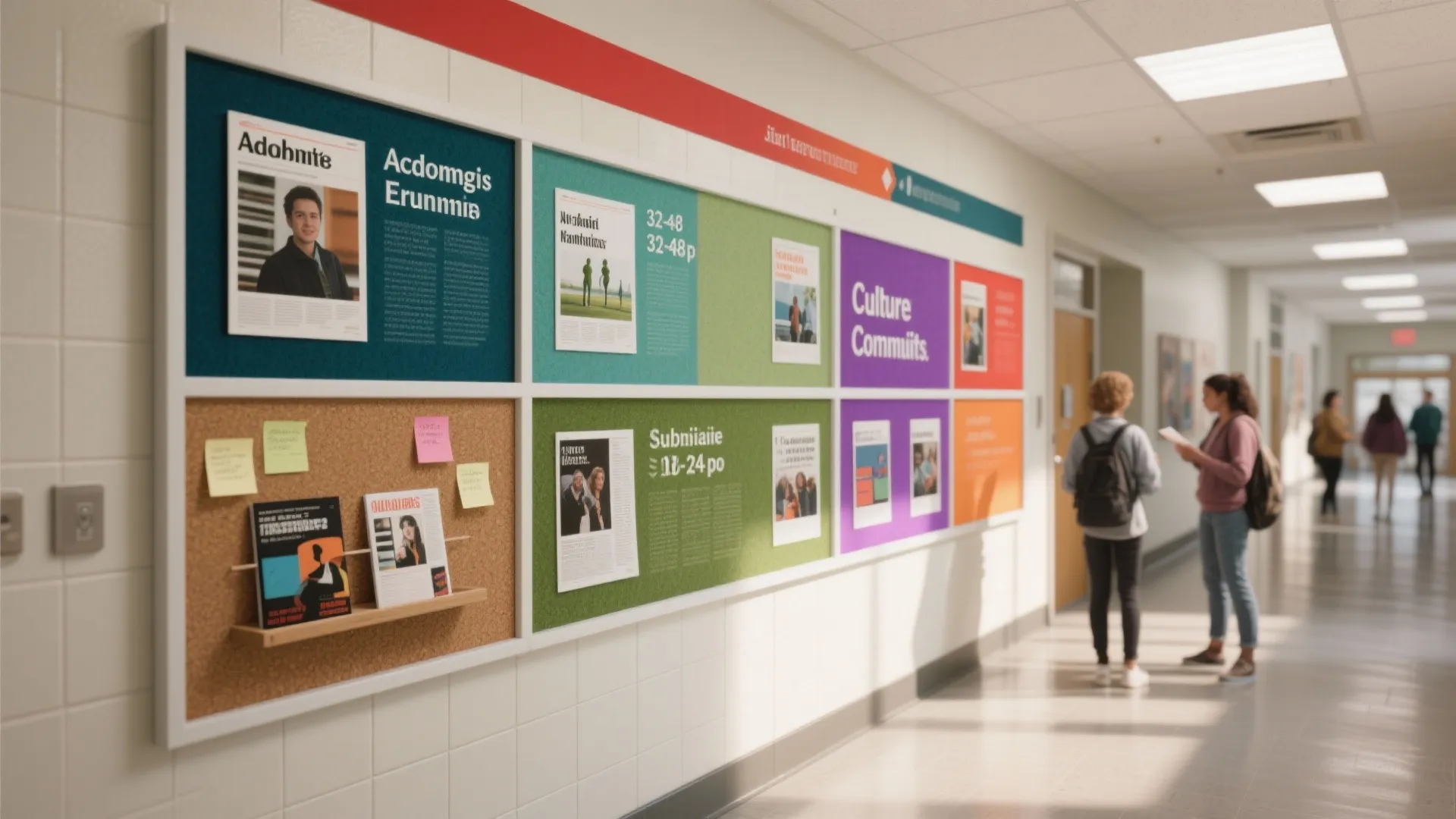 College hallway with colorful wall notice board displaying posters and students standing in the background