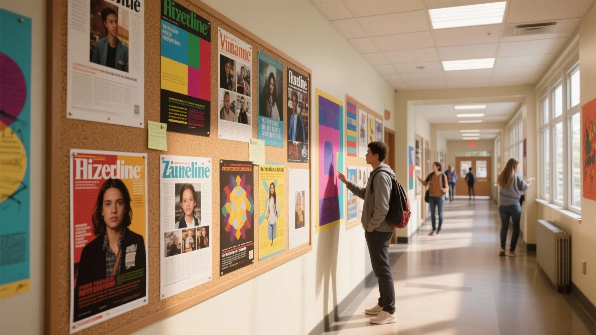 School hallway with a student looking at colorful magazine posters pinned on a large cork board