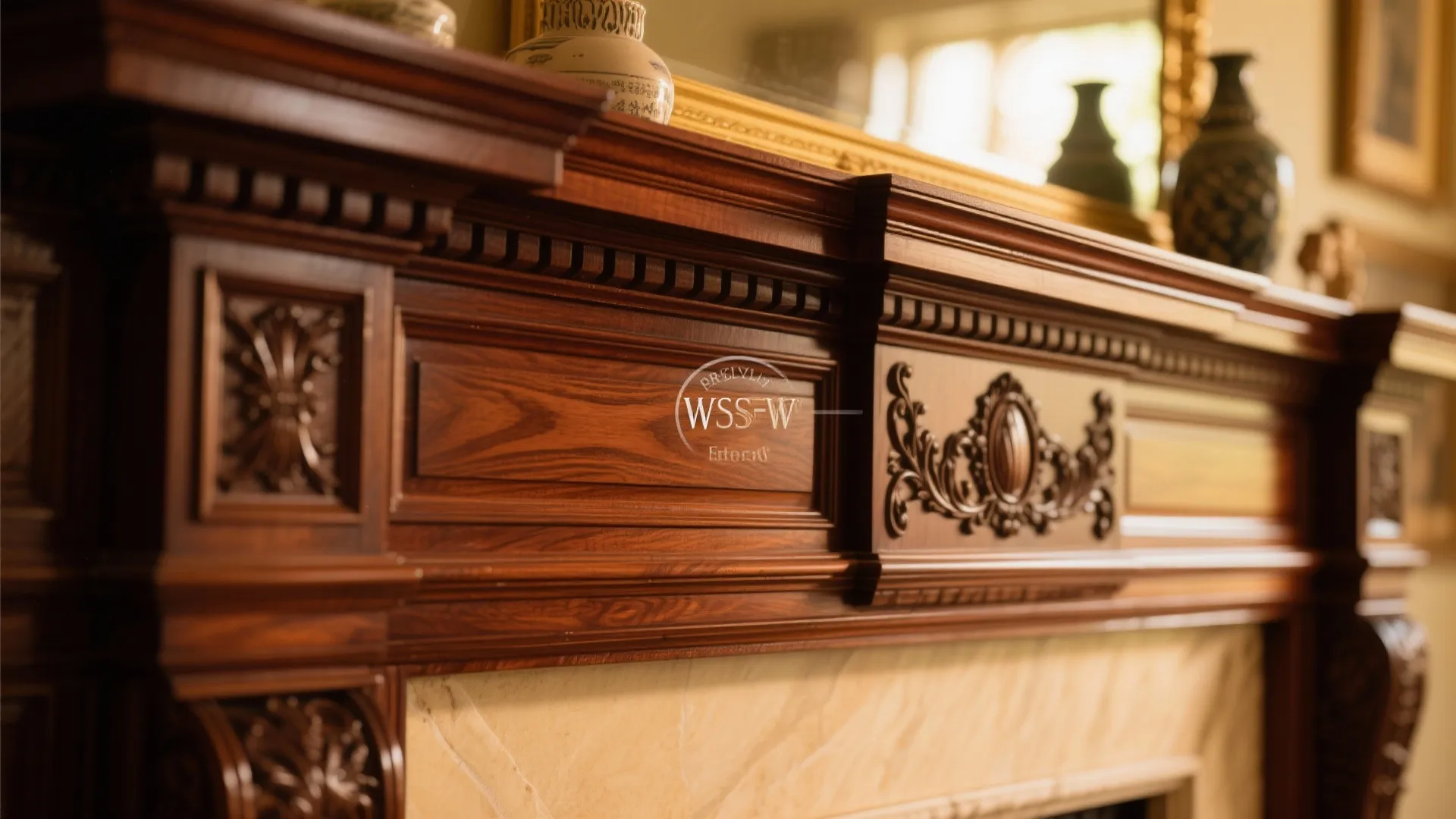 Close up of a dark wood fireplace mantel with detailed carvings and a marble surround