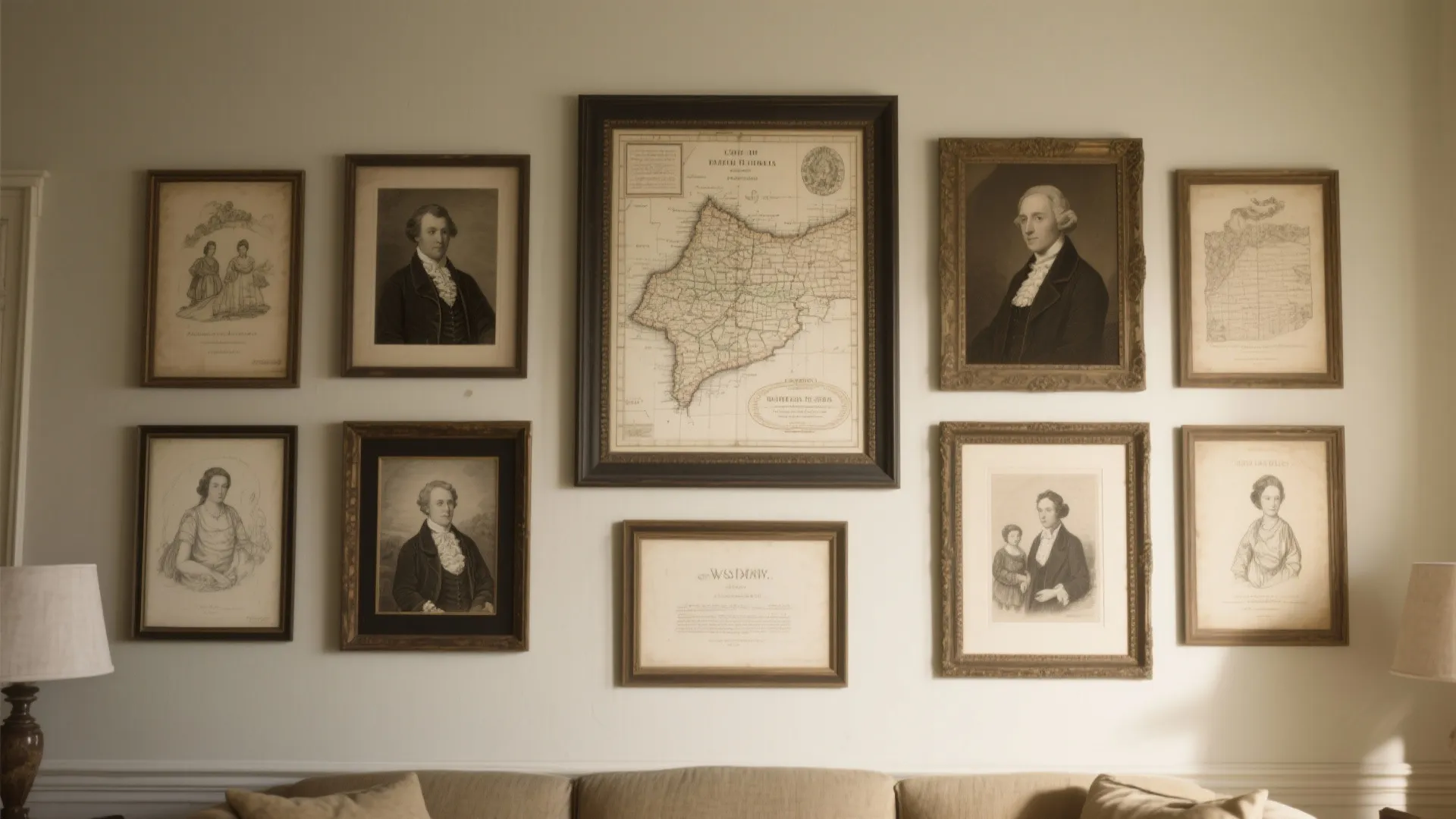 Gallery wall above a sofa featuring various framed historical portraits and a large center map