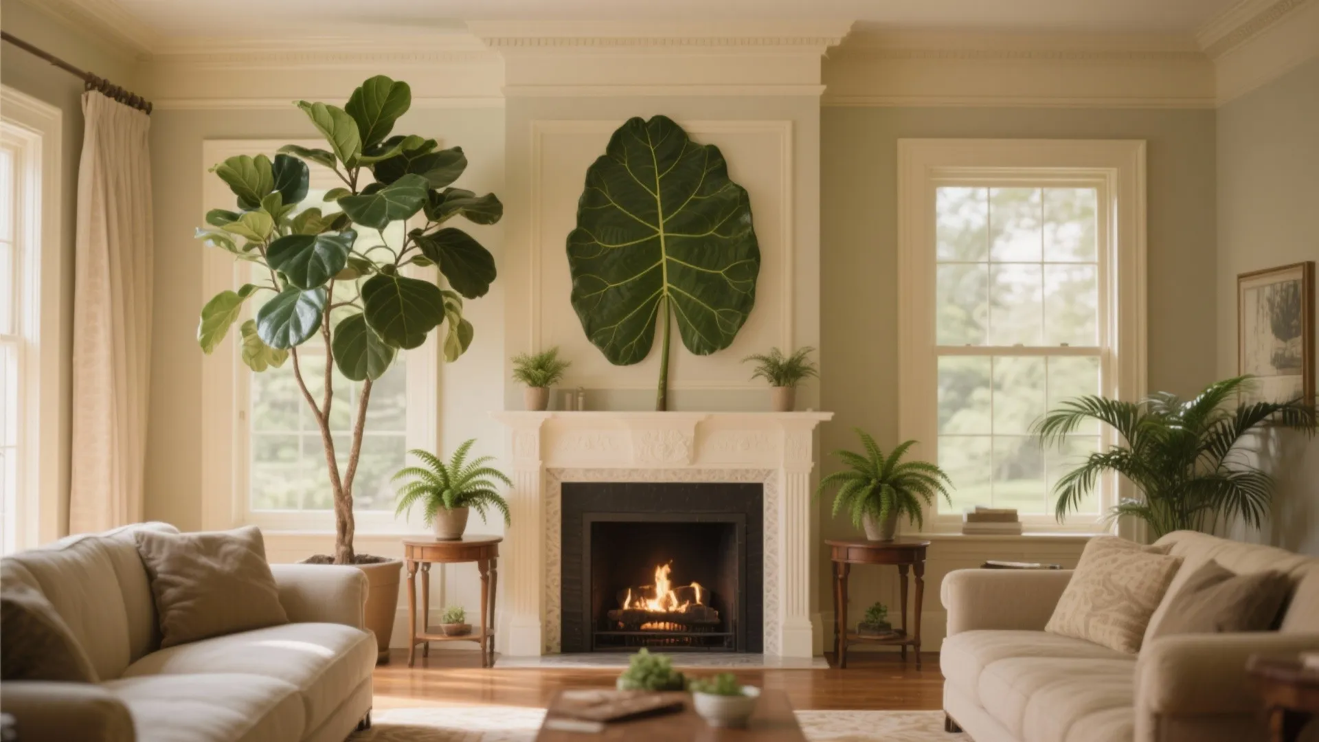 Cozy living room featuring white fireplace with green leaf art two sofas and many potted plants