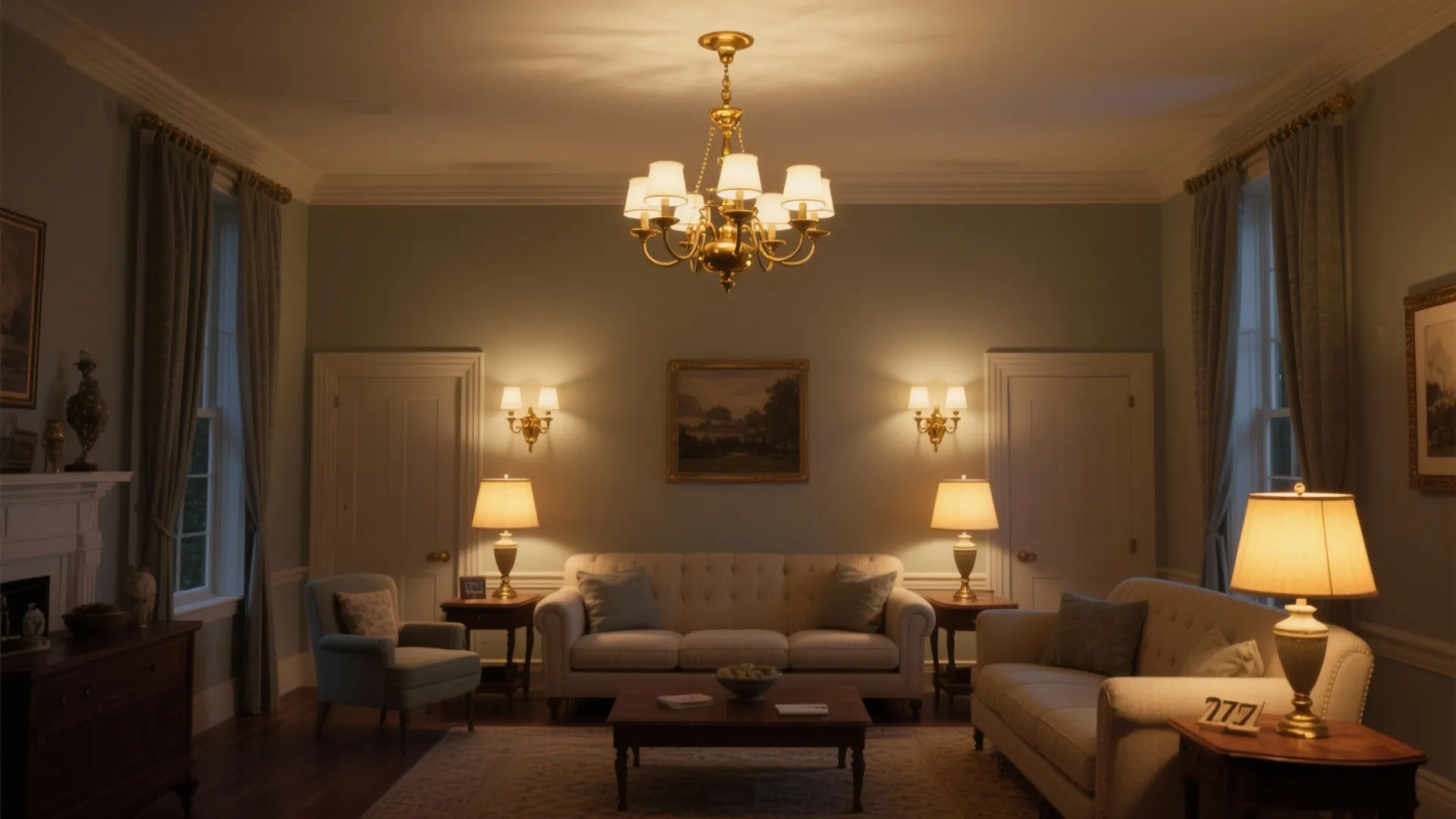 Traditional living room with a gold ceiling light warm table lamps sofas and blue walls