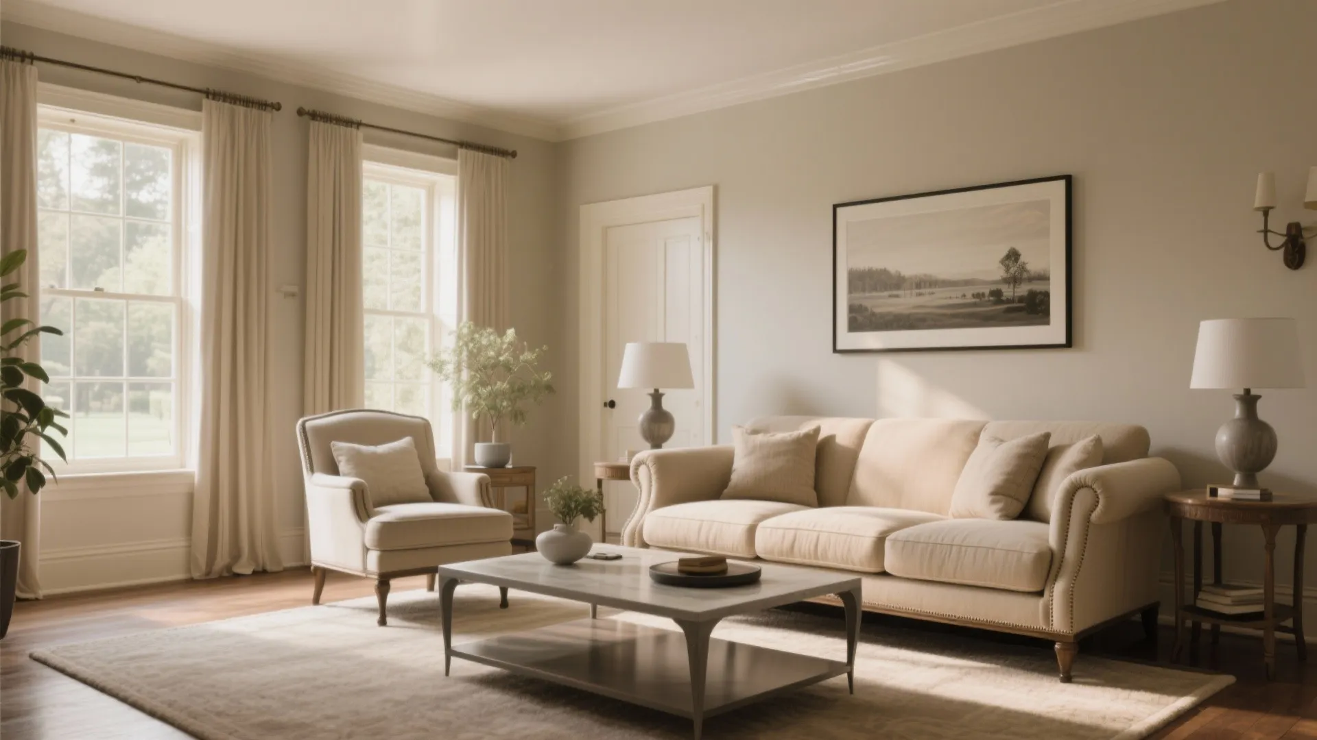 Elegant colonial living room with beige sofa white armchair marble coffee table and large bright windows