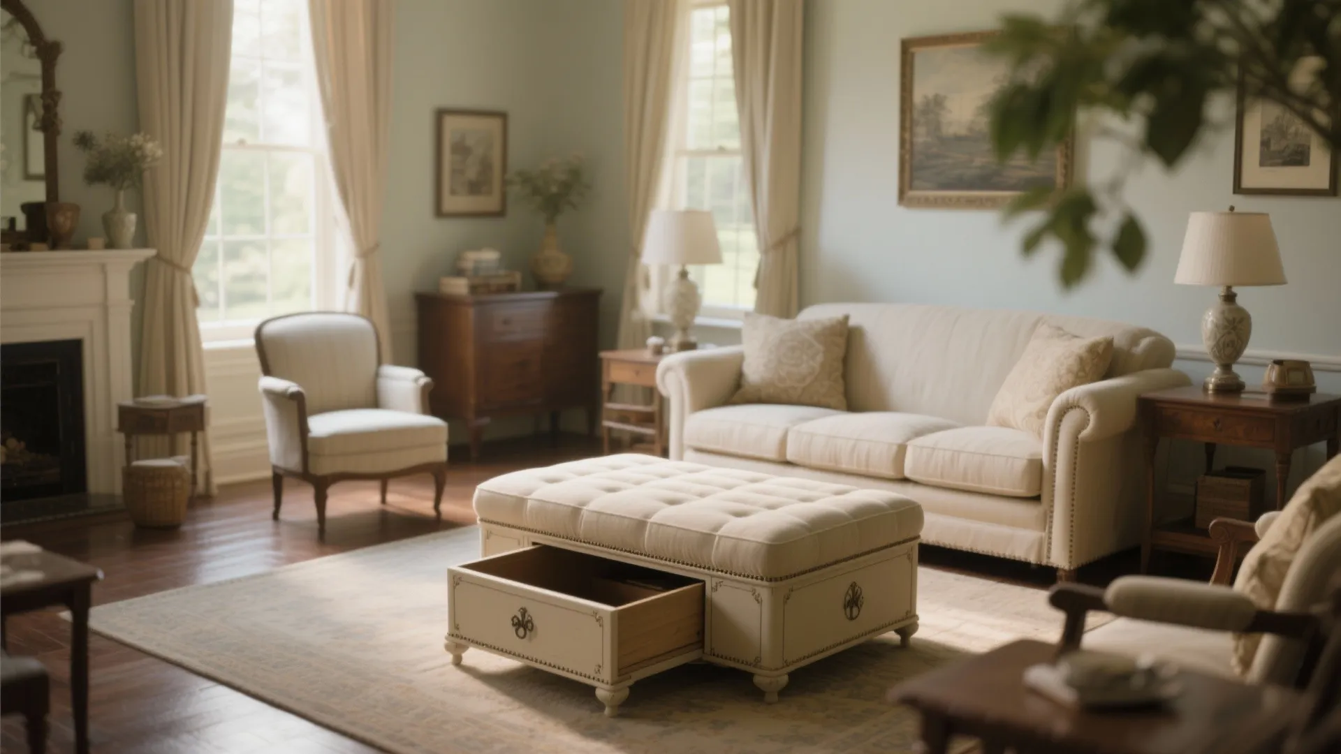 Bright living room featuring a cream footrest with an open drawer and white fabric sofa