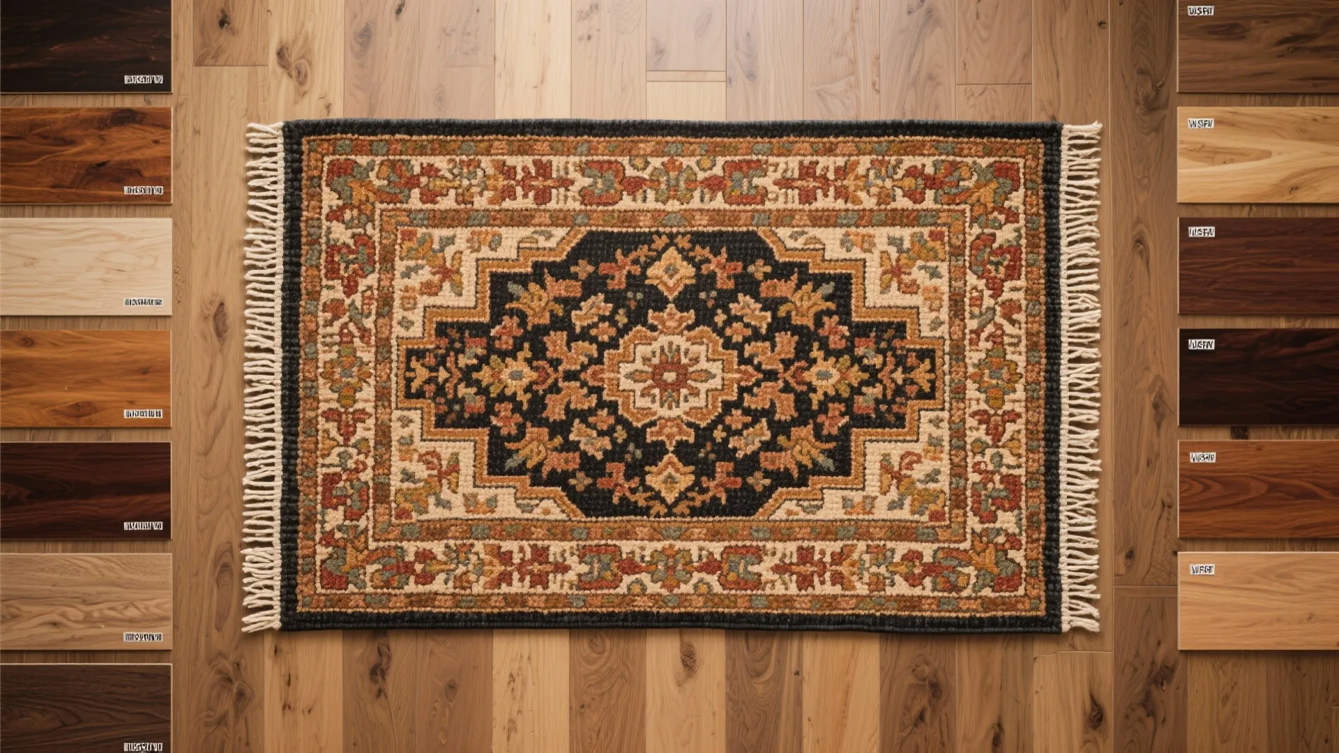 Traditional patterned rug on wood flooring surrounded by several small wooden color samples for flooring