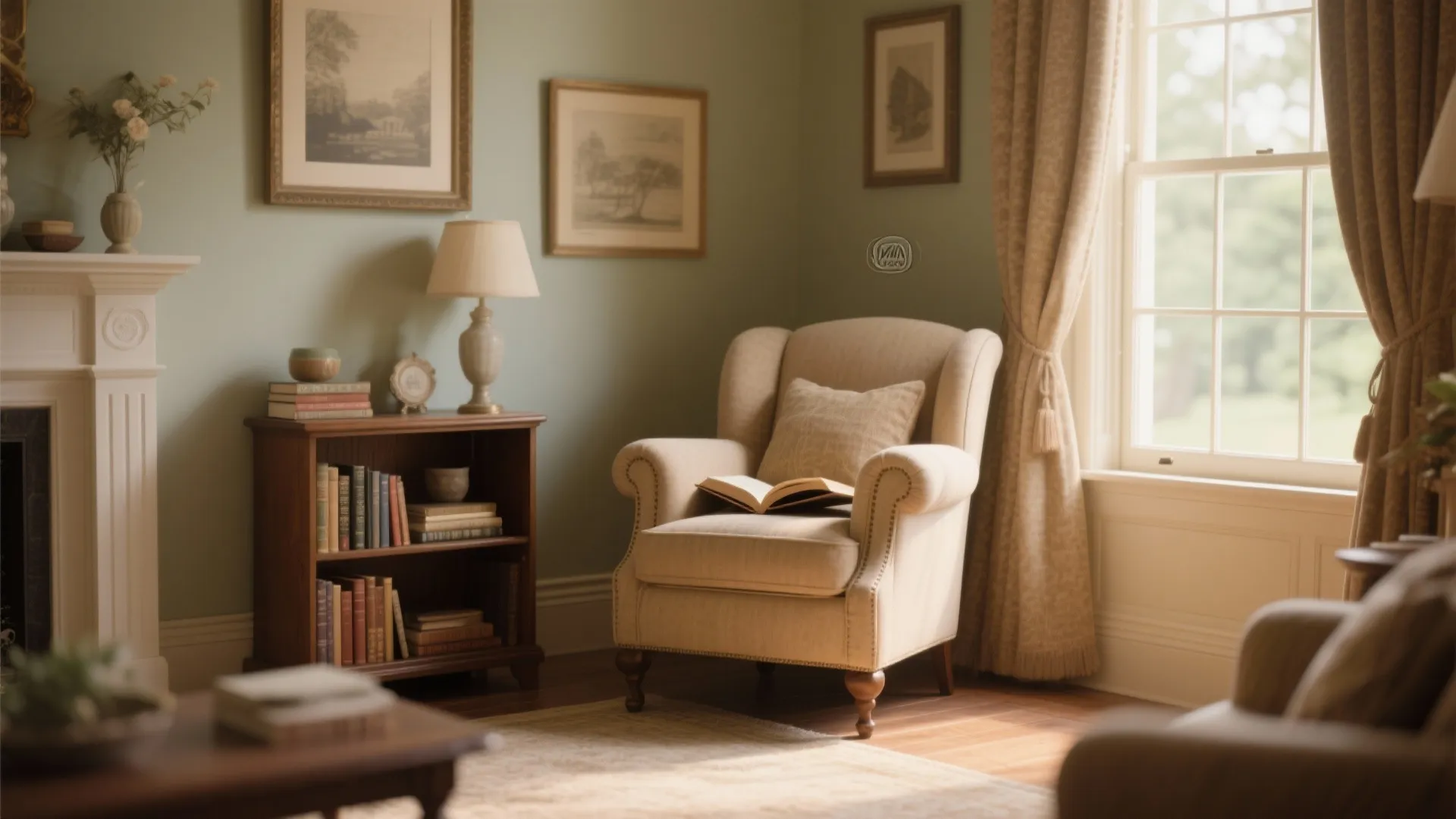 Cozy reading corner with beige armchair wooden bookshelf table lamp and large window with curtains
