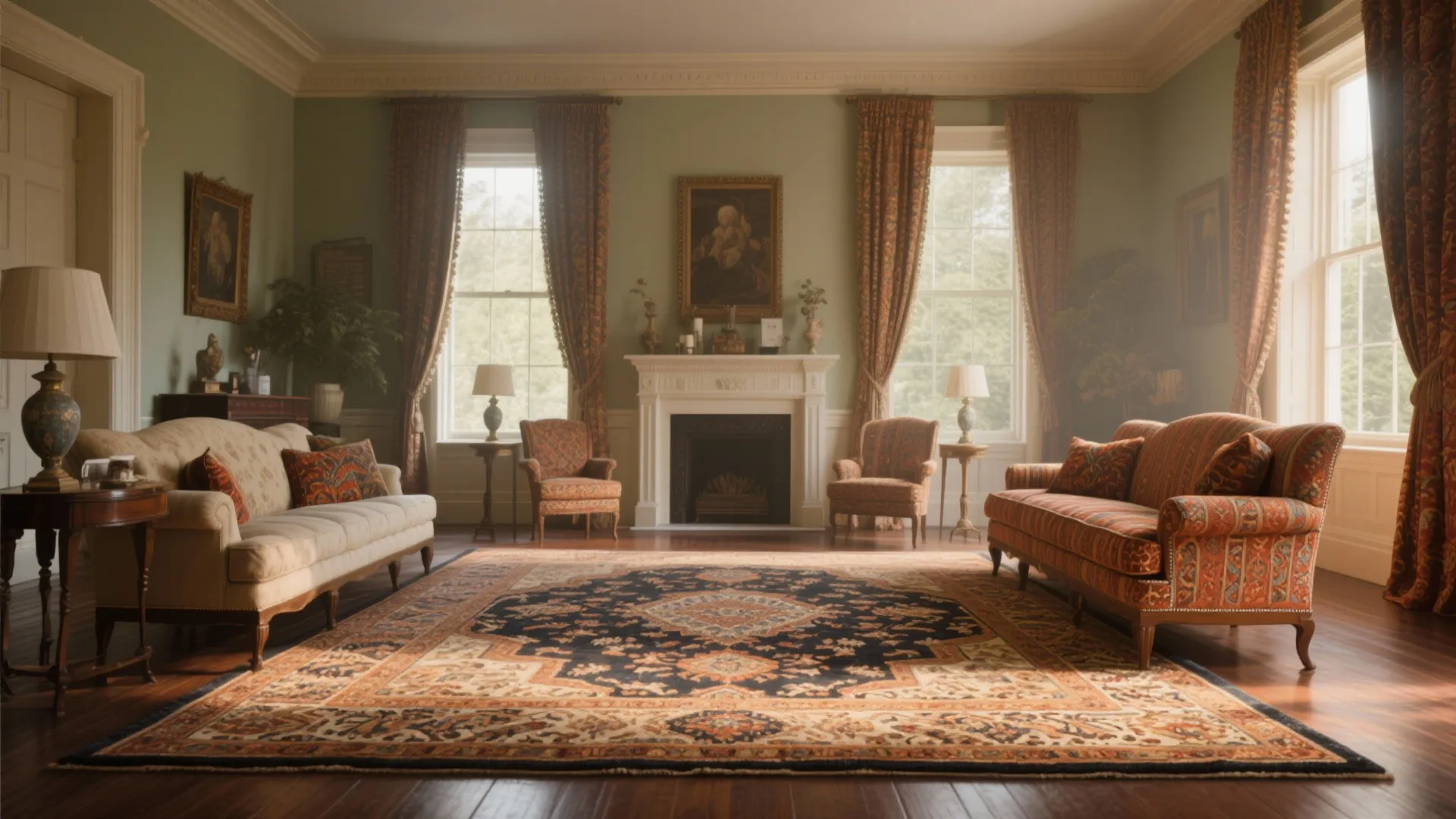 Traditional living room with patterned sofas a large area rug fireplace and tall curtained windows