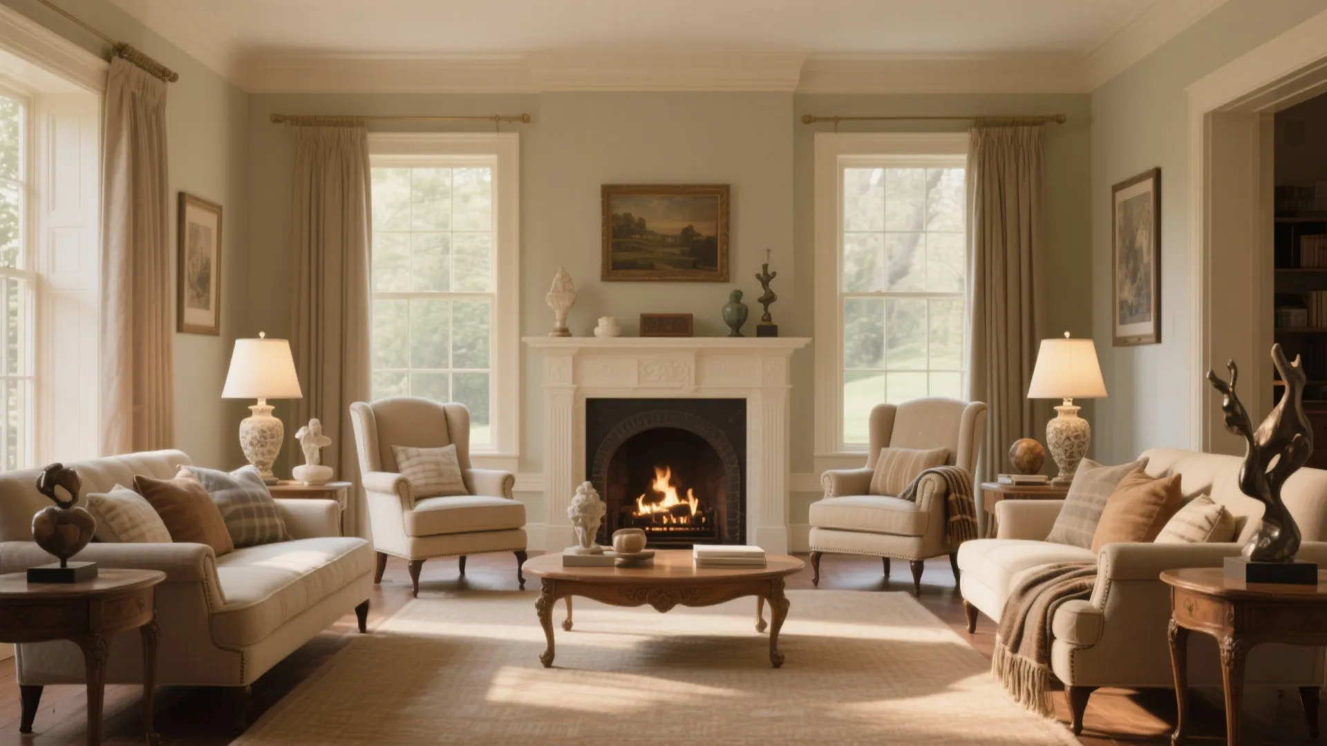 Traditional living room with white fireplace, two beige sofas, wooden coffee table, and large windows