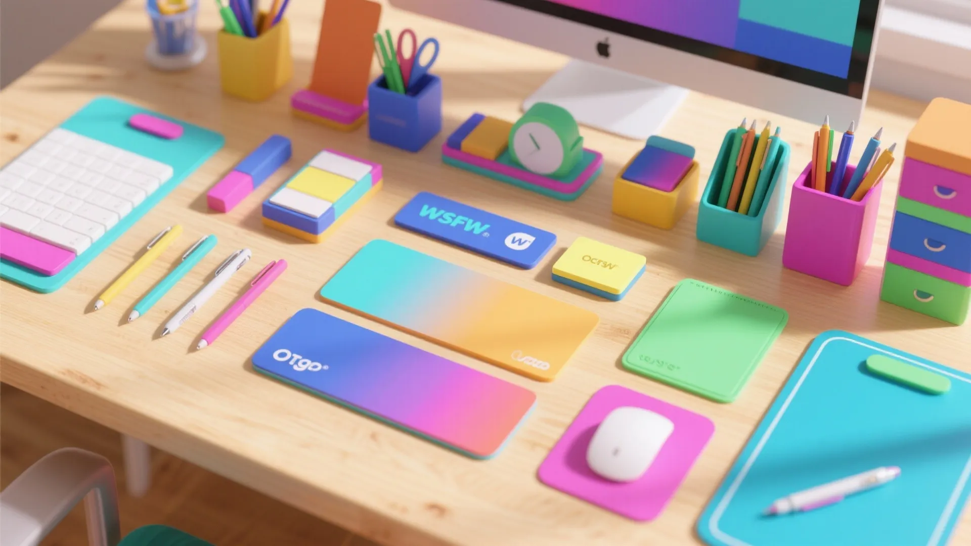 Neatly arranged colorful desk accessories on wooden surface