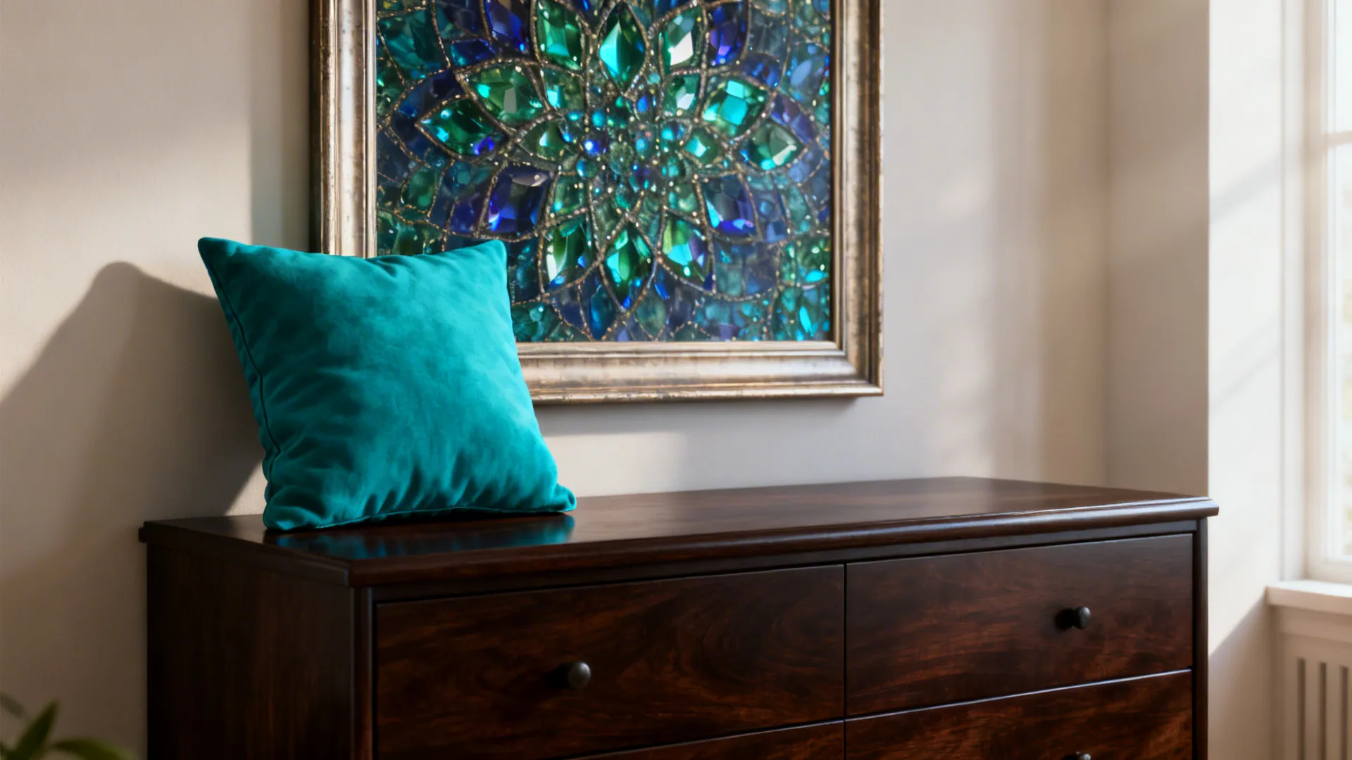 Dark mahogany dresser with a teal accent pillow and jewel-toned artwork
