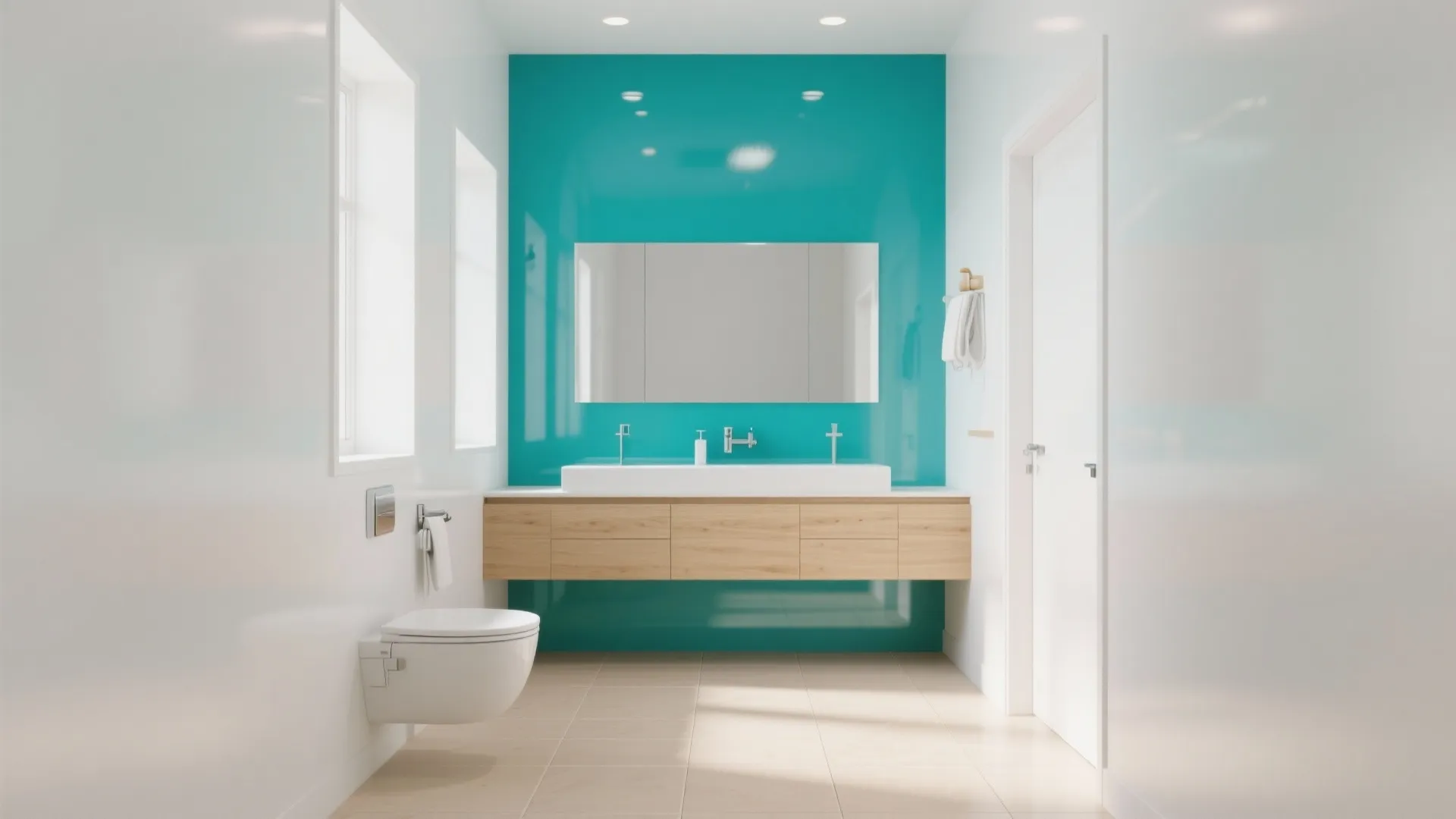 Modern bathroom with teal feature wall white toilet wooden cabinet large mirror and natural lighting