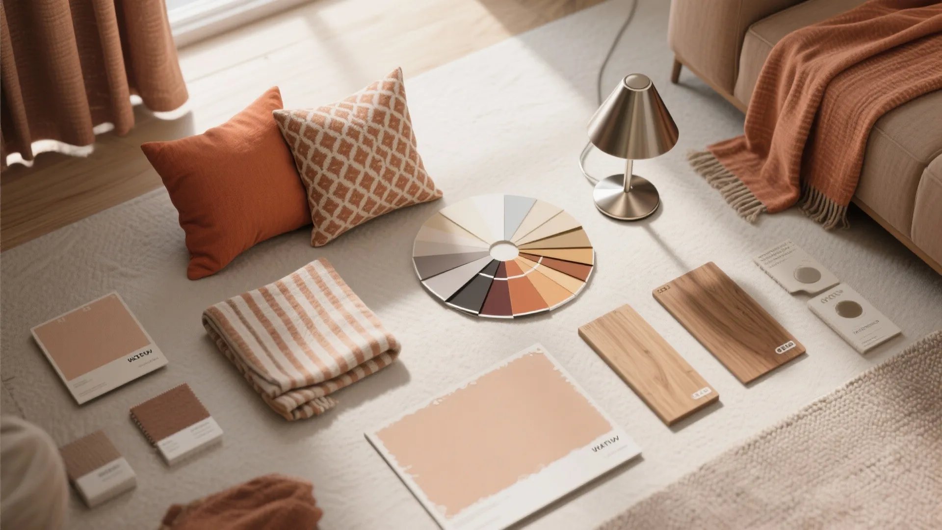Color wheel wood planks orange pillows and fabric samples arranged on a white soft rug