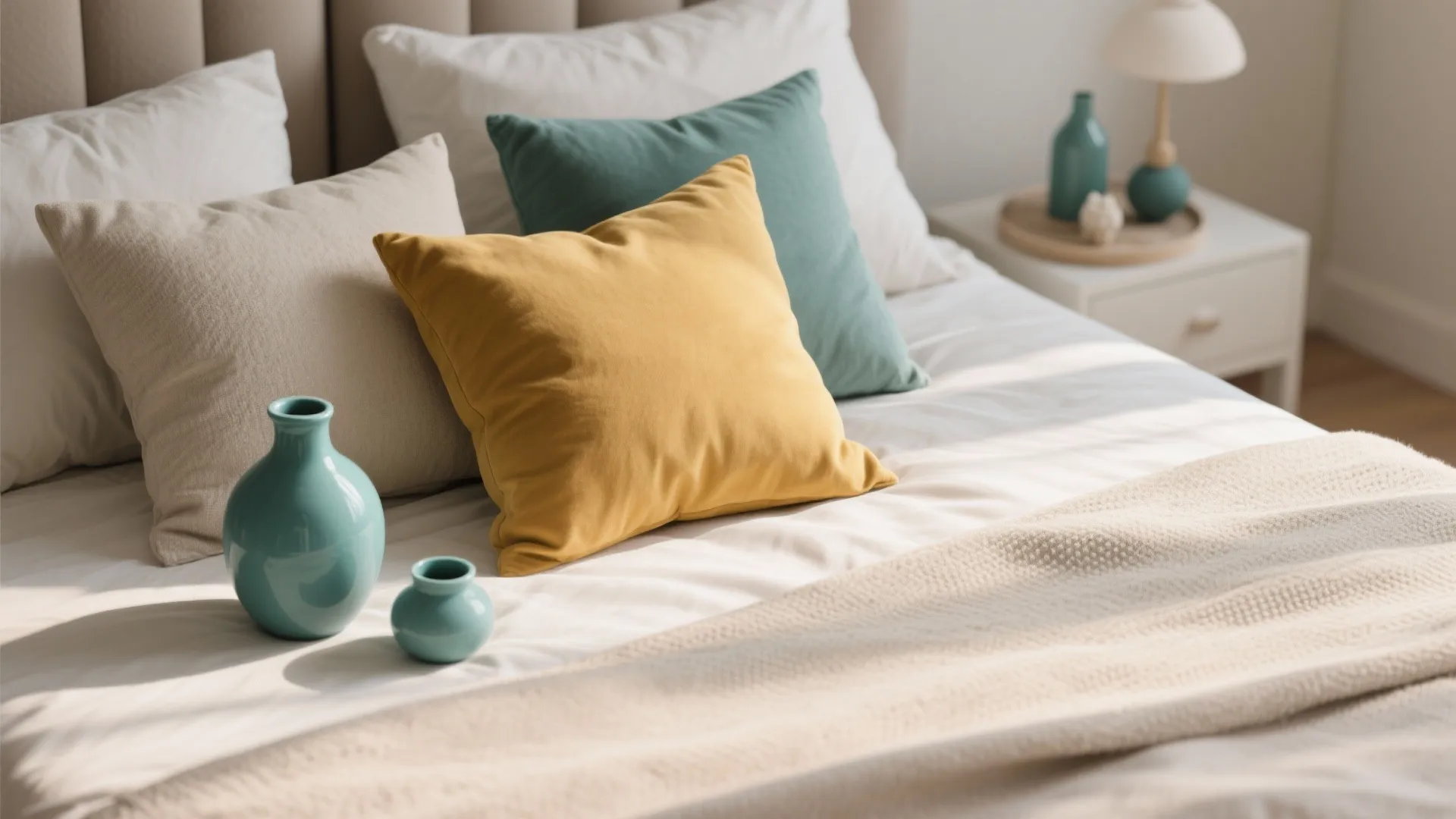 Flat lay of neutral bedroom accents with mustard and teal items