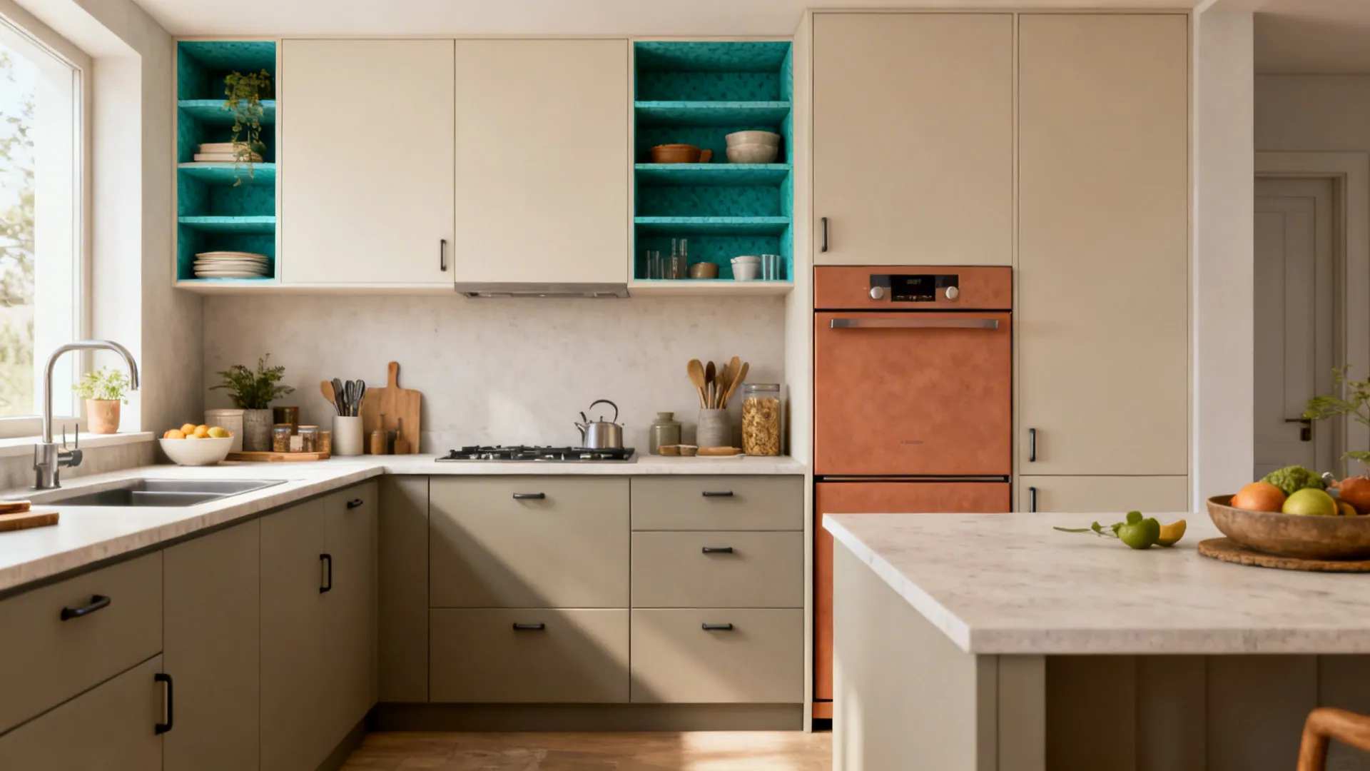 Modern kitchen featuring beige cabinets with teal accent shelving and a large orange built-in oven