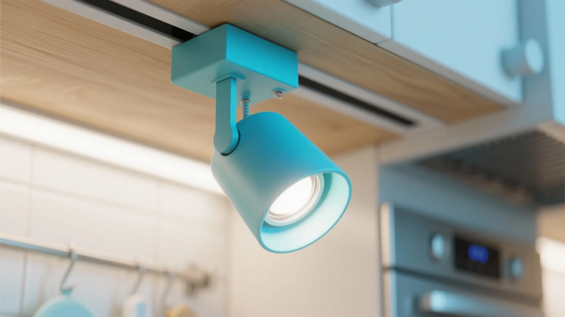 Blue track light fixture mounted under a wooden shelf in a modern kitchen with tiles