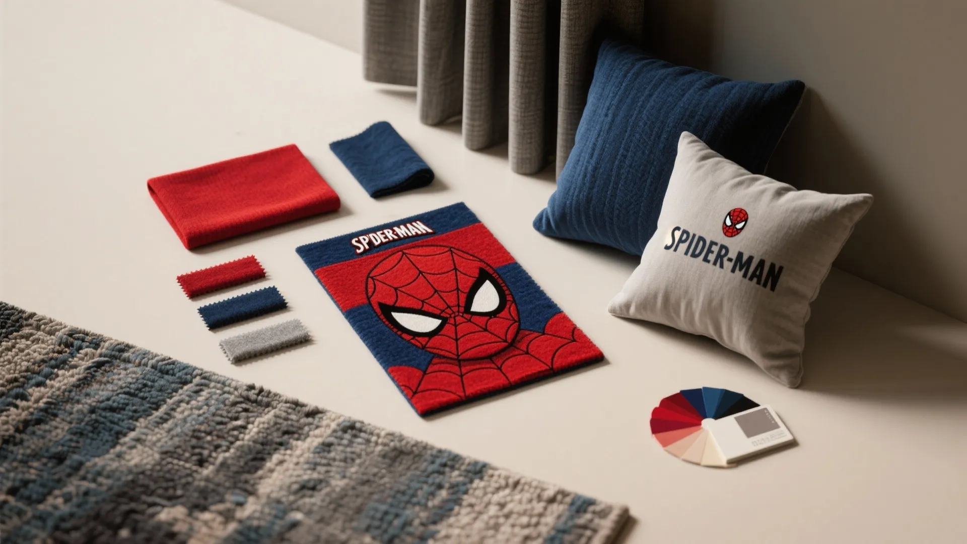 Interior design mood board with spiderman themed fabric samples color swatches and soft grey pillows