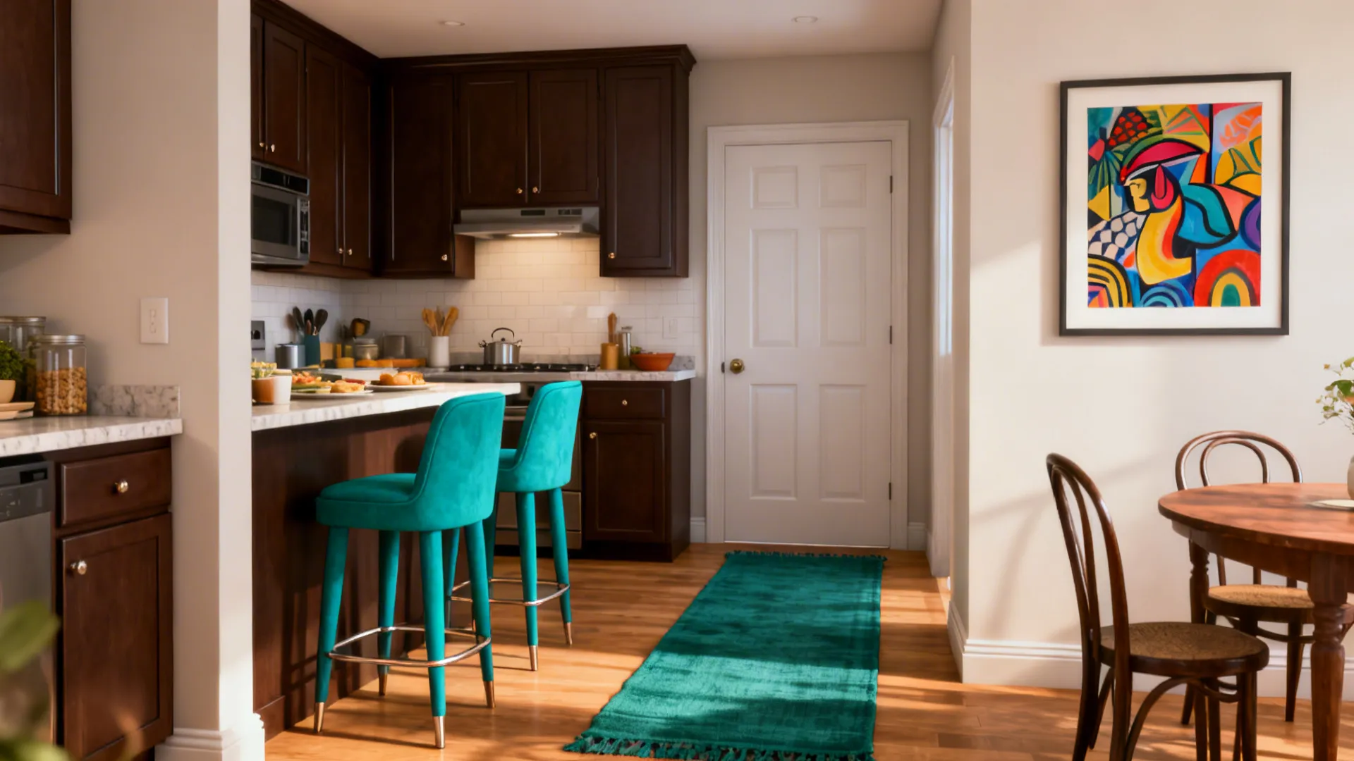 Small kitchen with dark brown cabinets and teal barstools as bold color accents.