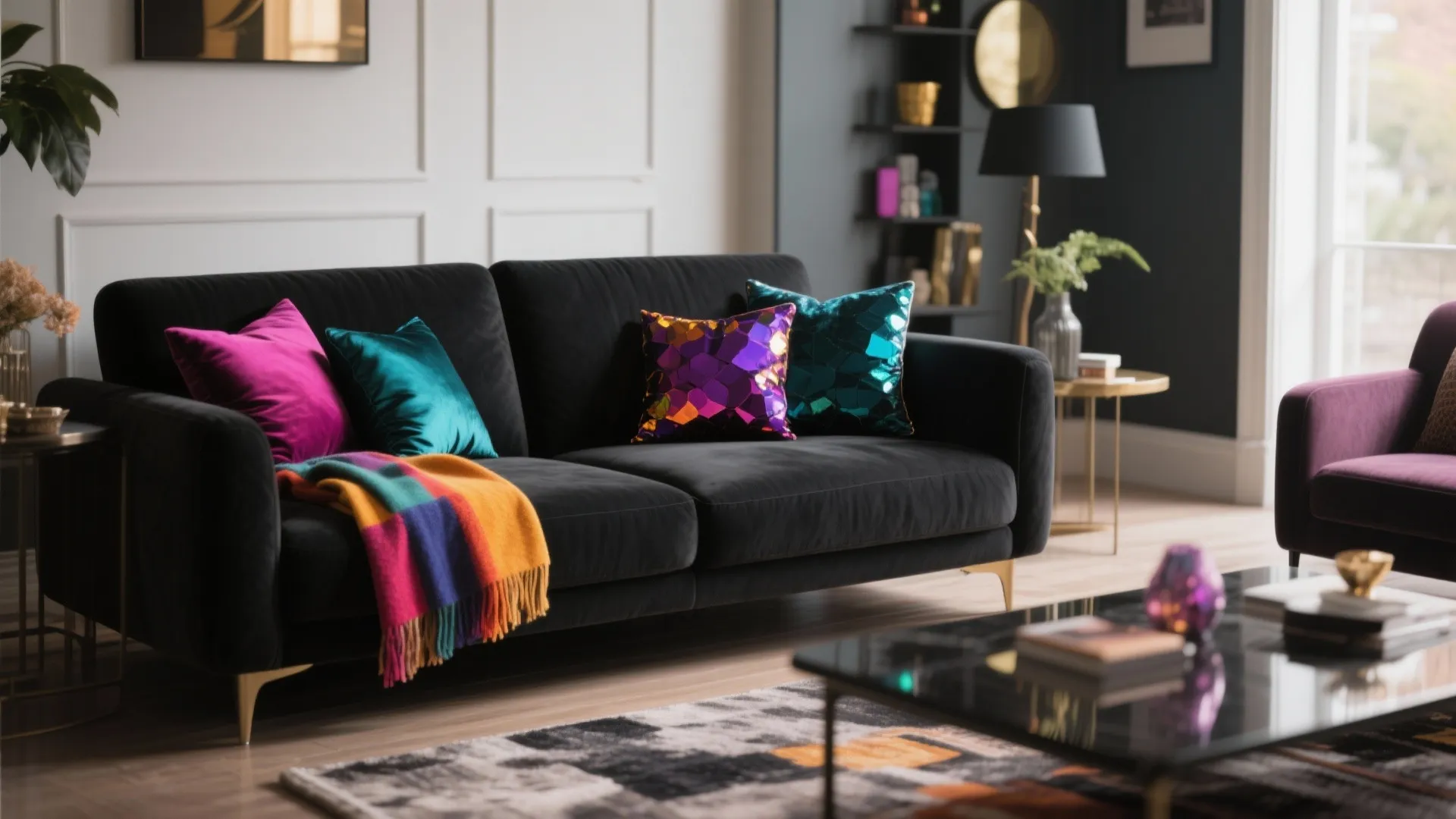 Dark sofa with vibrant jewel-toned cushions