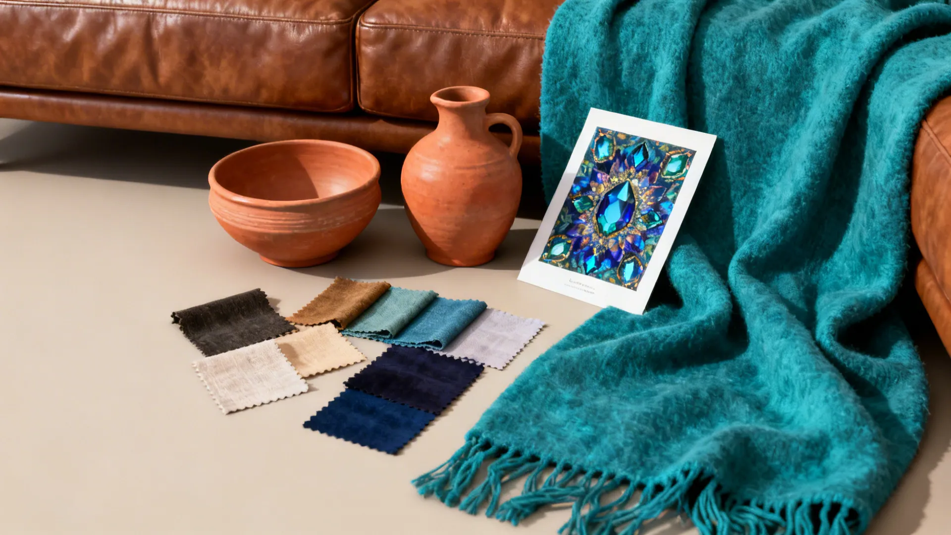 Flatlay of teal throw, terracotta ceramics and jewel-tone fabric swatches for styling leather.