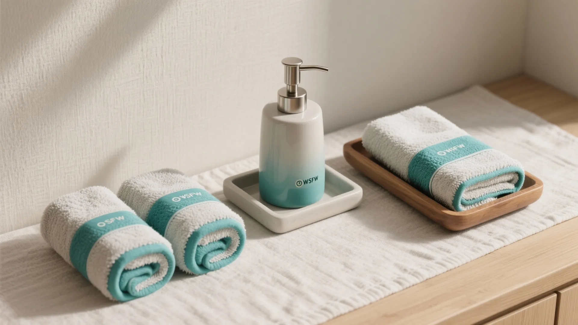 White and teal soap dispenser with rolled towels and wooden tray on a bathroom counter