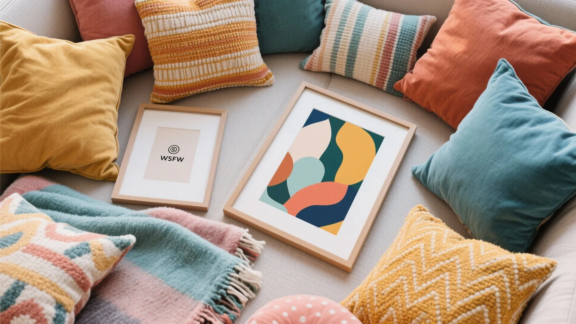 Colorful throw pillows and blankets arranged on a sofa with two wooden framed art pieces
