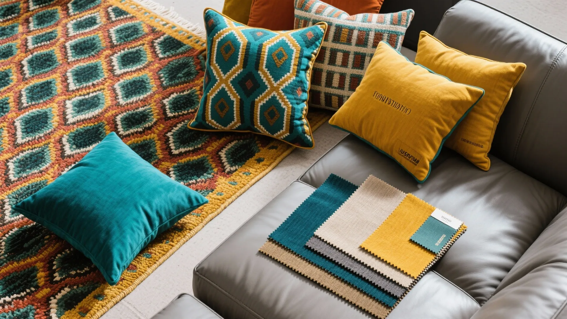 Colorful pillows and fabric samples on leather sofa next to patterned rug for home interior