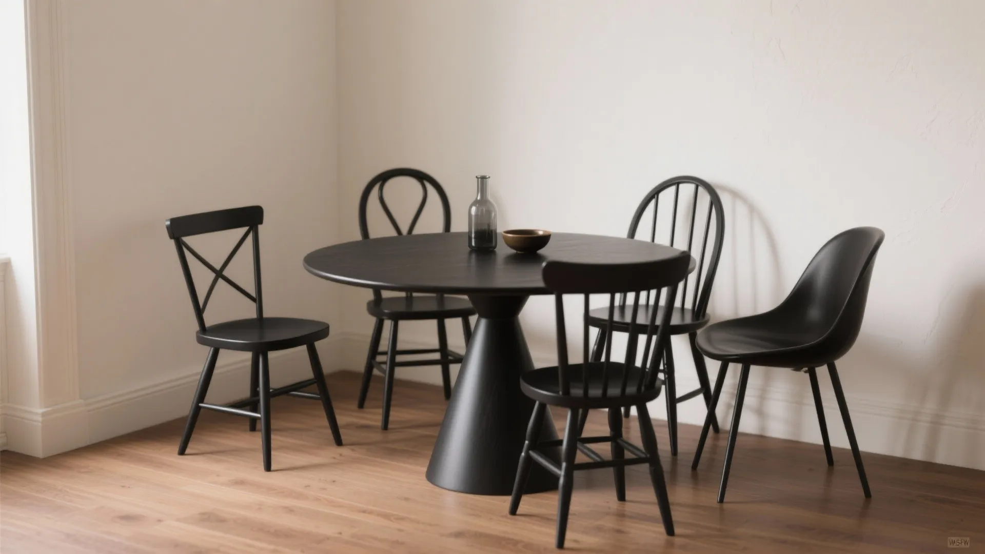 Round black dining table with mismatched chairs placed on wood flooring beside a white wall