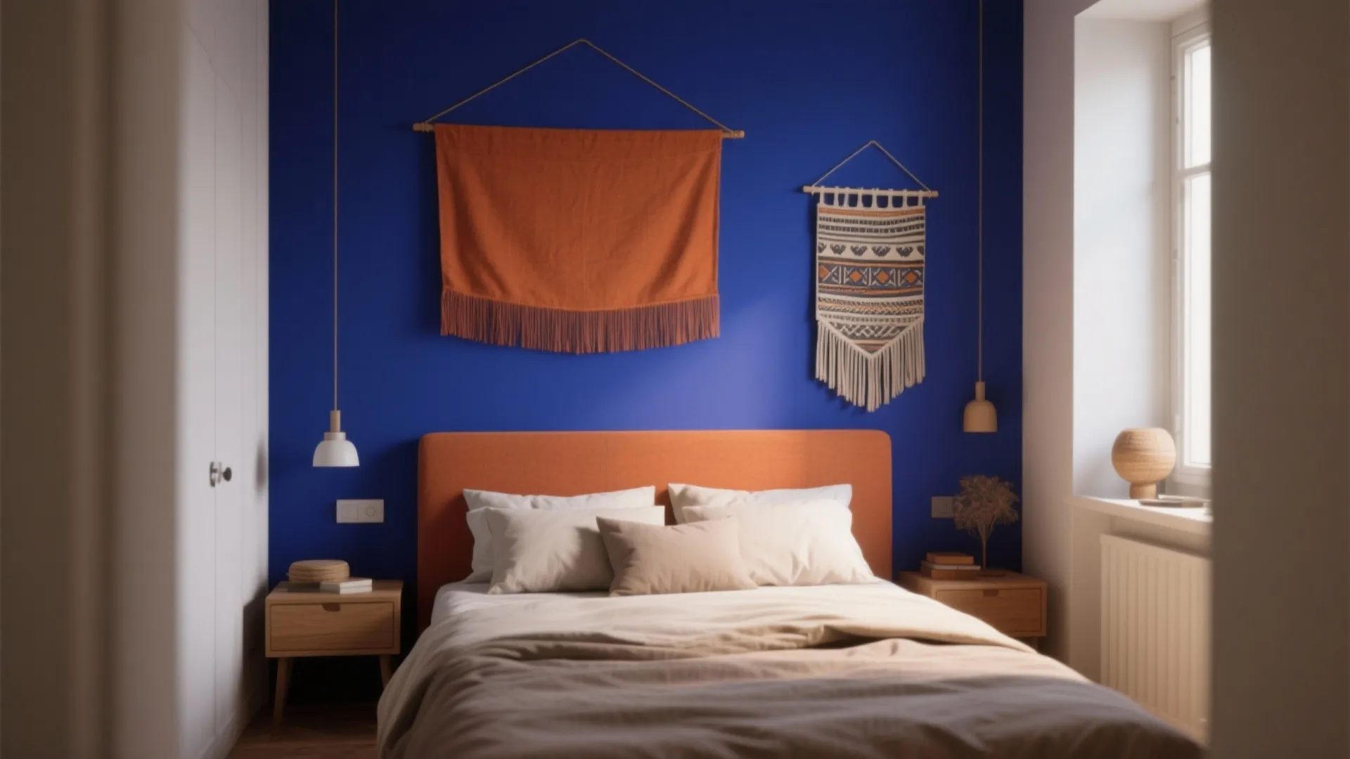 Modern bedroom with blue wall, orange bed headboard, two wall hangings, and wooden bedside tables