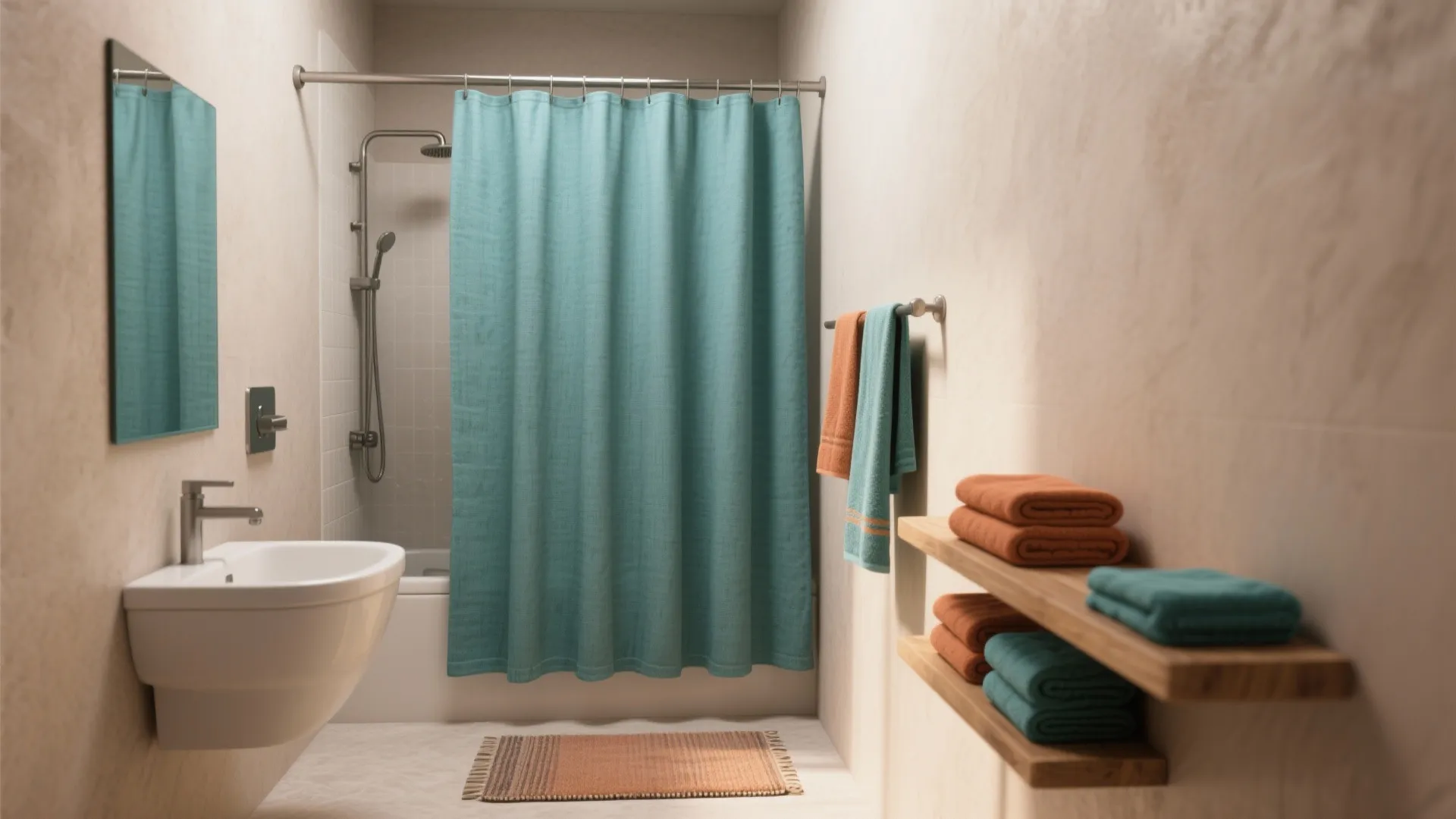 Small bathroom featuring teal shower curtain white sink and wooden shelves with colorful folded towels
