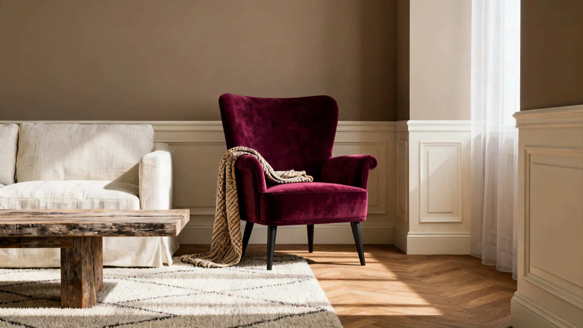 Deep plum velvet chair used as a color anchor in a neutral small living room with layered textures