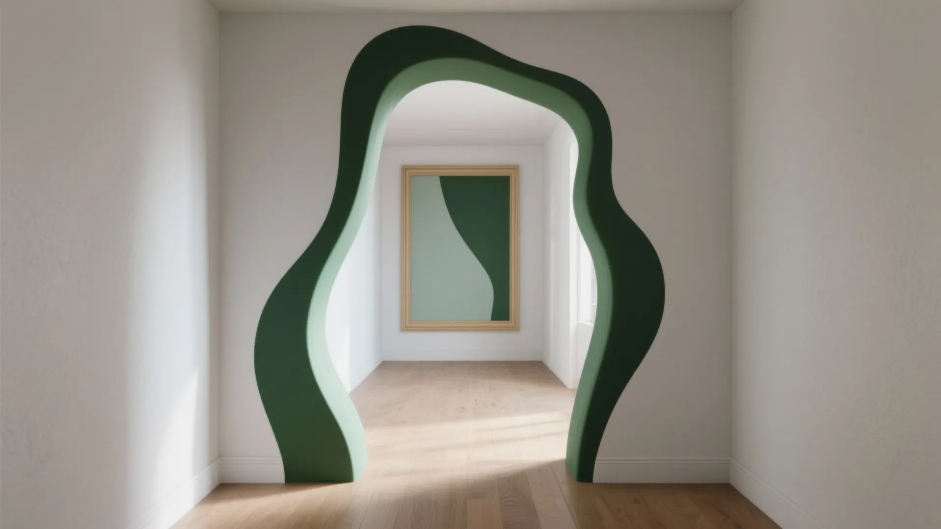 Minimalist room with a green wavy arch doorway and matching artwork on the white wall