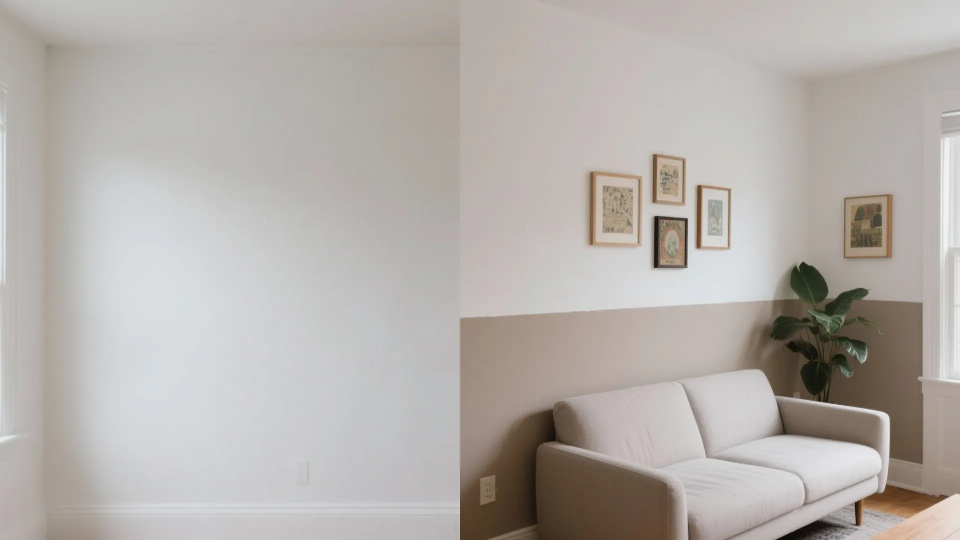 Before and after comparison of an empty white wall versus a sofa with framed art