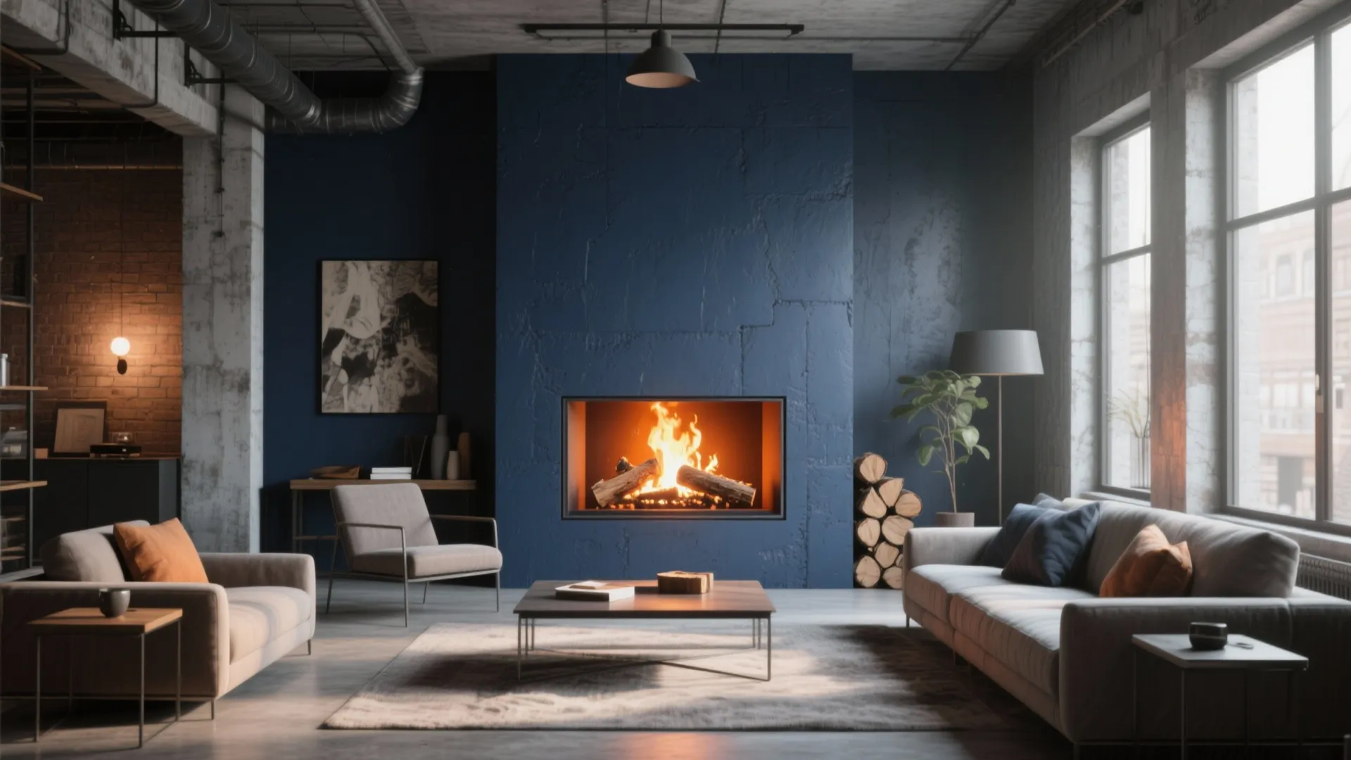 Navy accent wall as dramatic backdrop for log burner