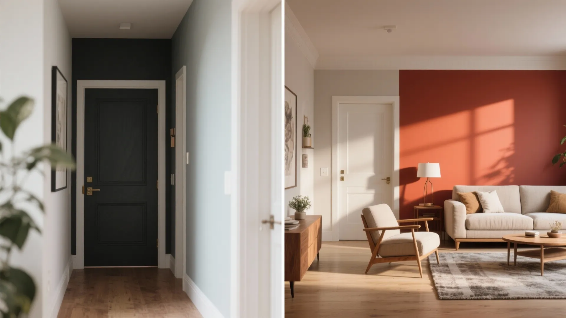 Before-and-after entry: dark door area feels blocked versus light doorway with a bold accent wall deeper inside.