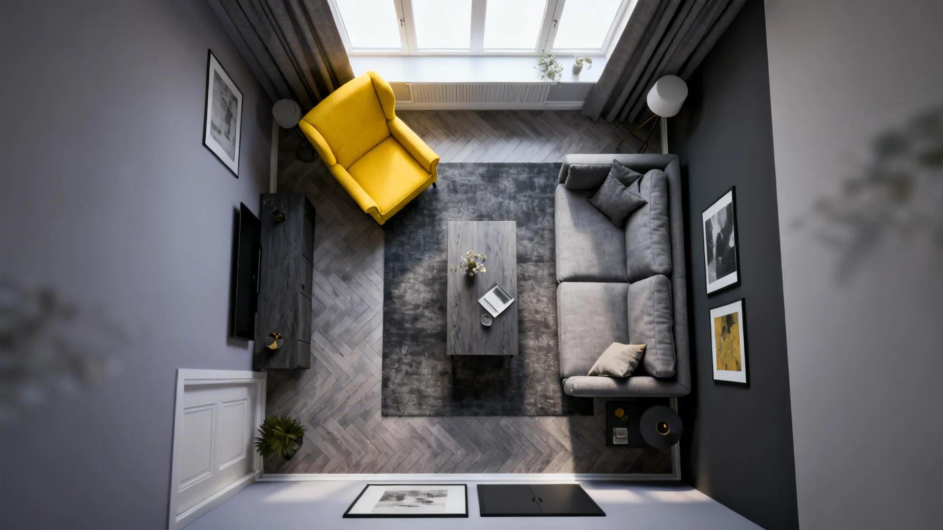 Top-down layout showing yellow accents as 10-20% of palette and layered greys in a small living room.
